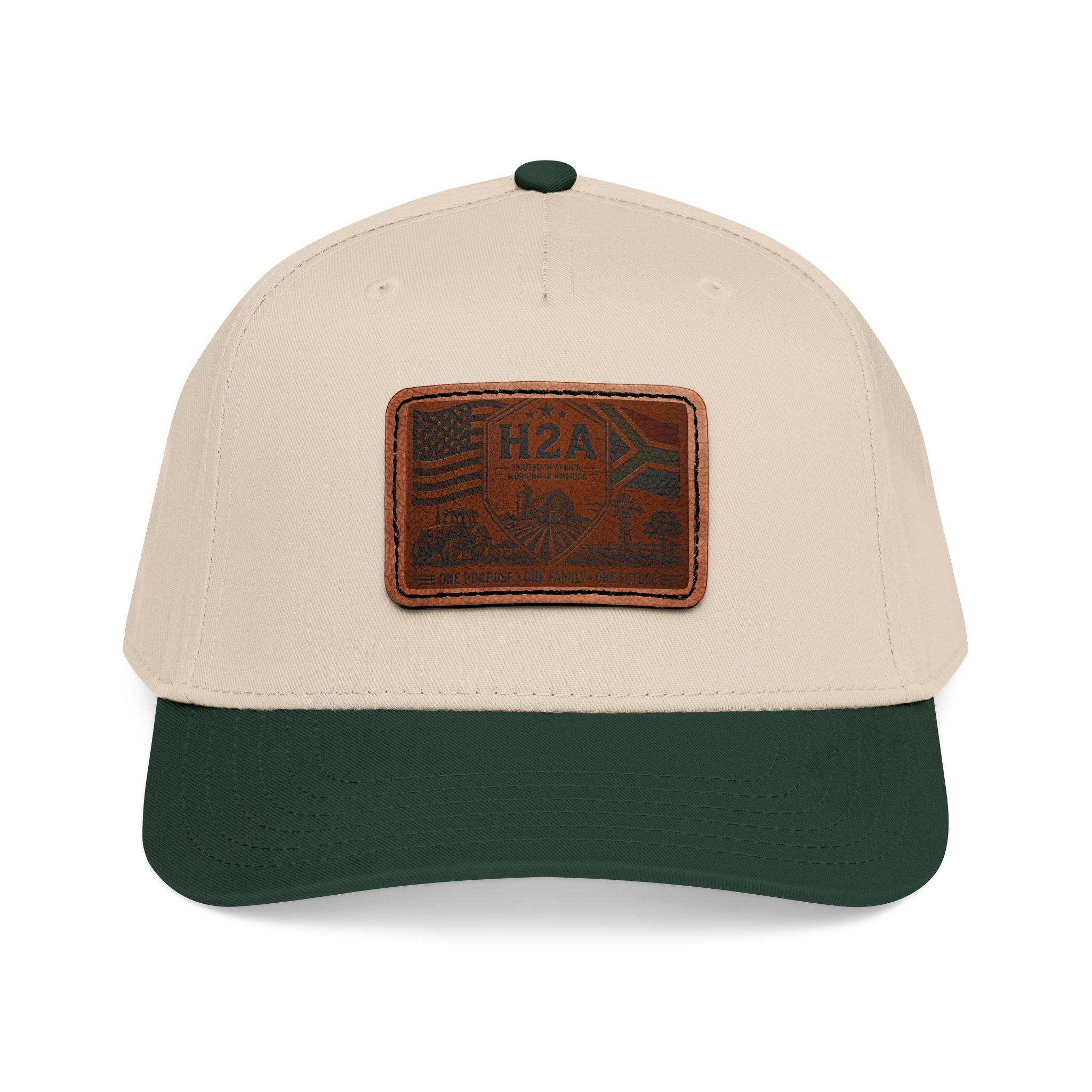 Beige and dark green leather patch baseball cap with rectangular H2A flag design