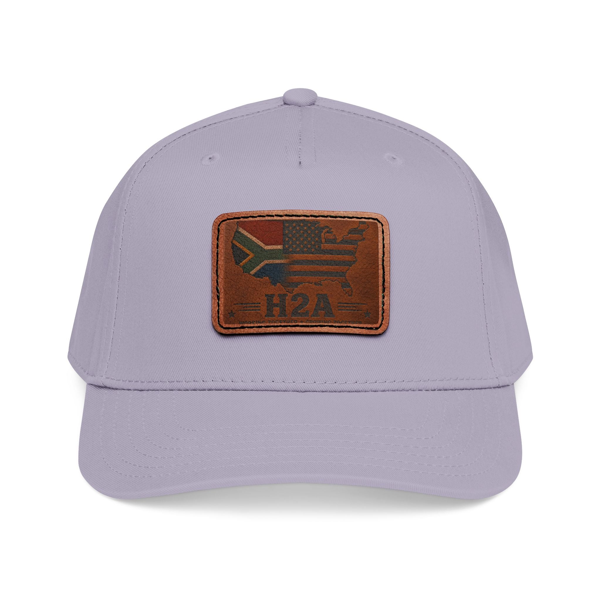 Light gray leather patch baseball cap with rectangular H2A flag patch and dark stitching