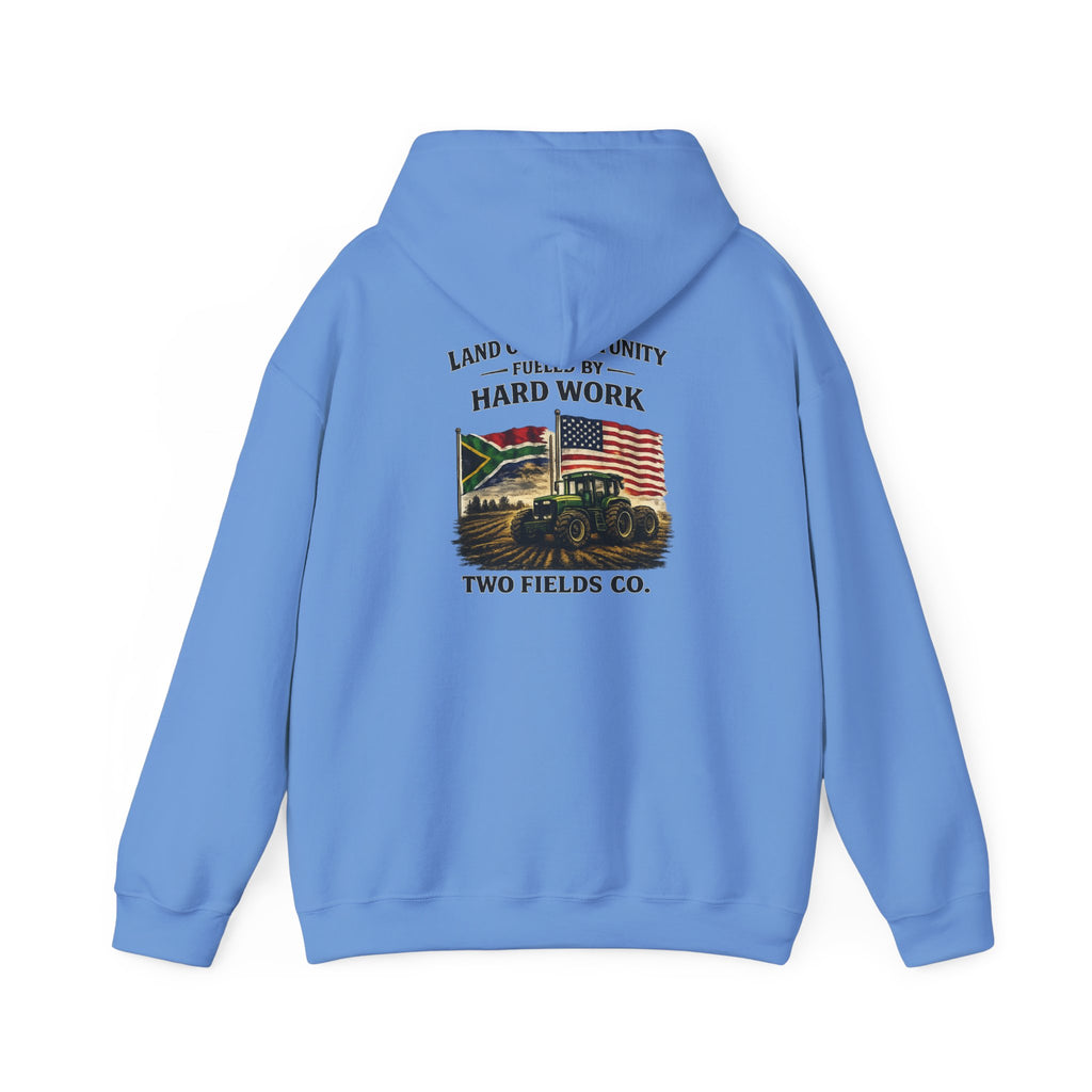 Light blue vintage tractor hoodie with hood and back graphic text "Hard Work"