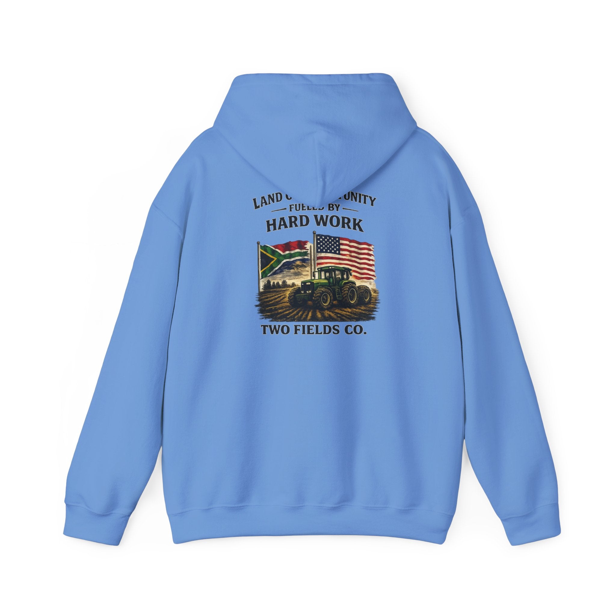 Light blue vintage tractor hoodie with hood and back graphic text "Hard Work"