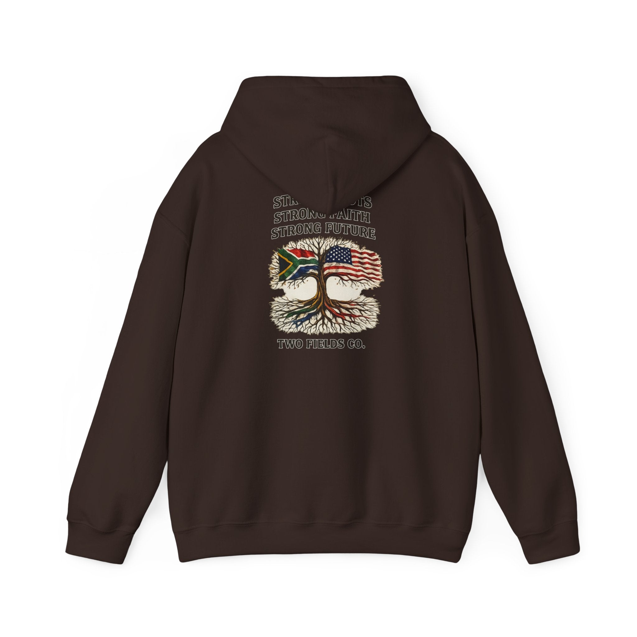 Dark brown pullover hoodie with hood and front pocket, large tree graphic on back.