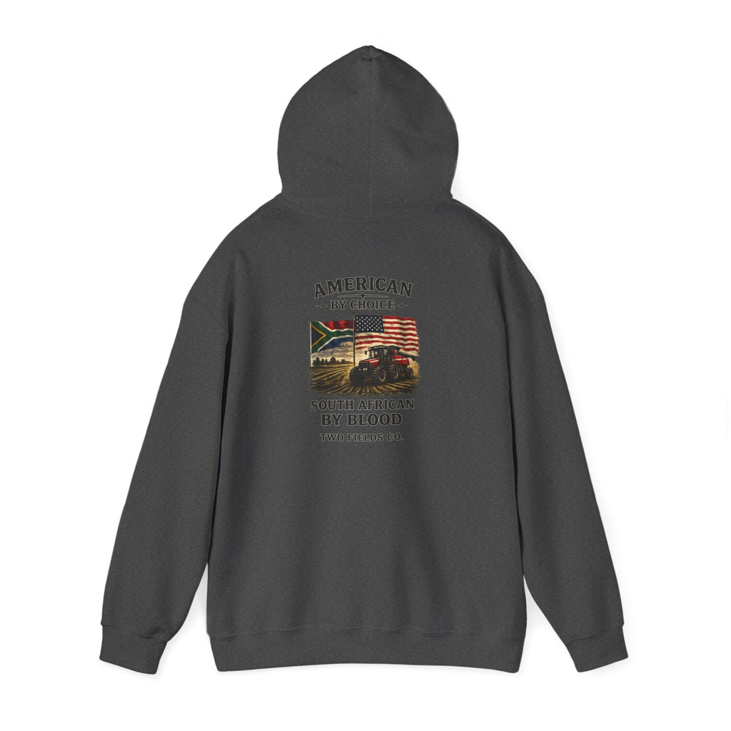 Charcoal pullover hoodie back view with centered graphic and hood
