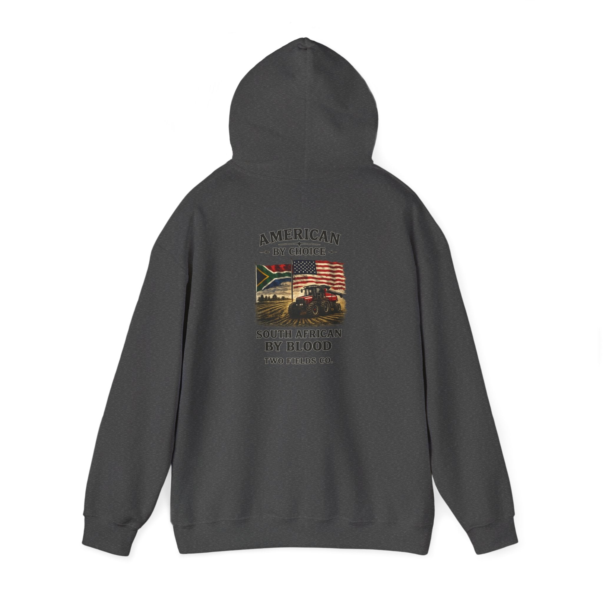Charcoal pullover hoodie back view with centered graphic and hood