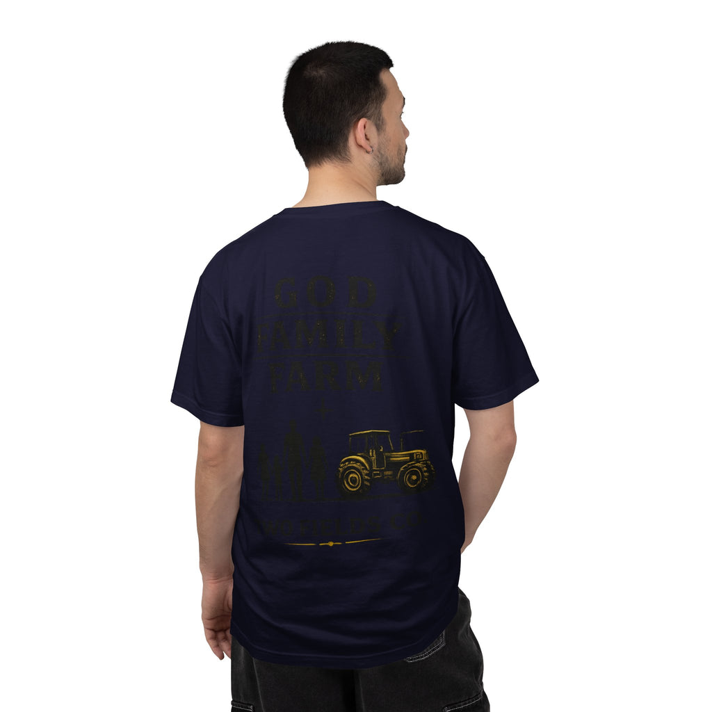 Navy T-shirt with back print showing family silhouettes, tractor, and “TWO FIELDS CO.”