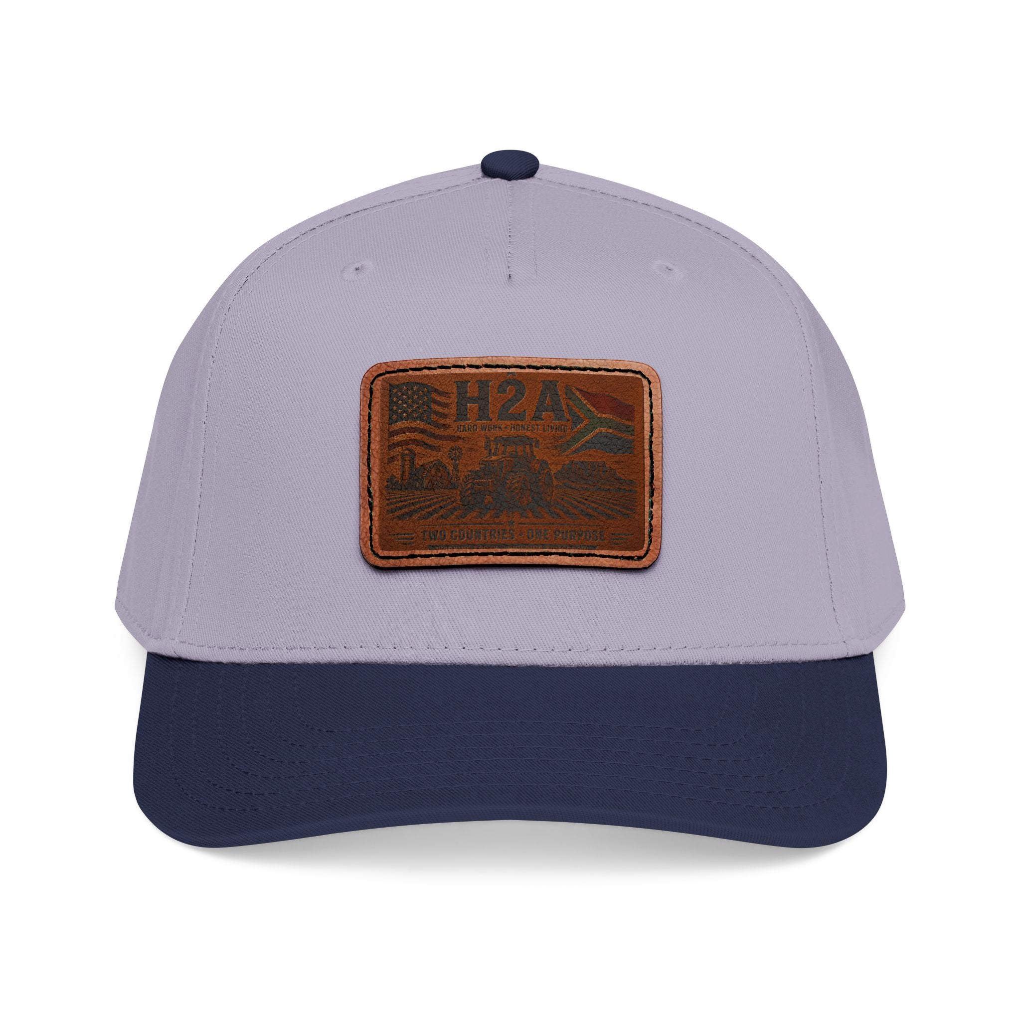 Two-tone baseball cap with rectangular H2A patch, light gray crown and navy brim.