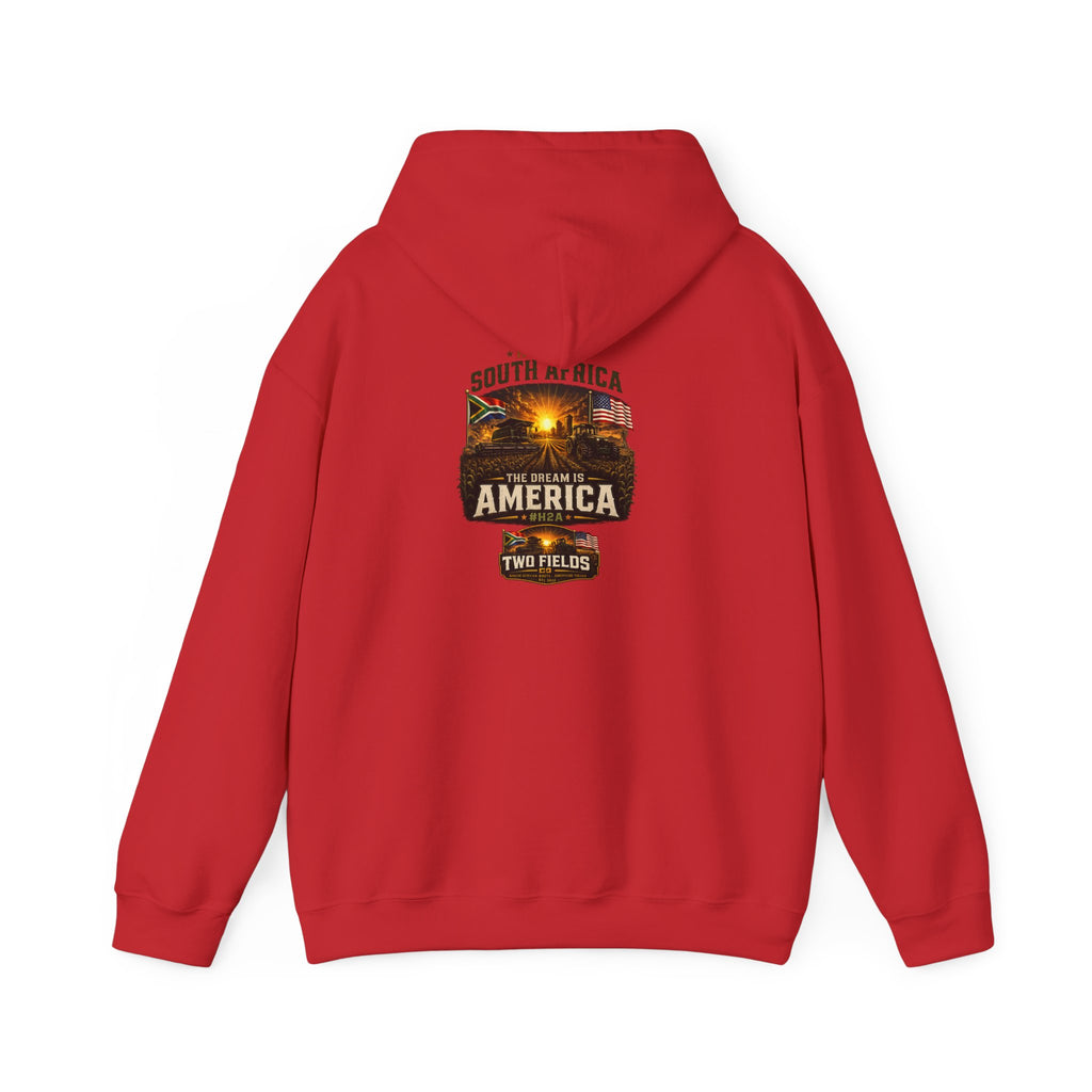 Red pullover hoodie with 'South Africa America' vintage travel graphic centered on back