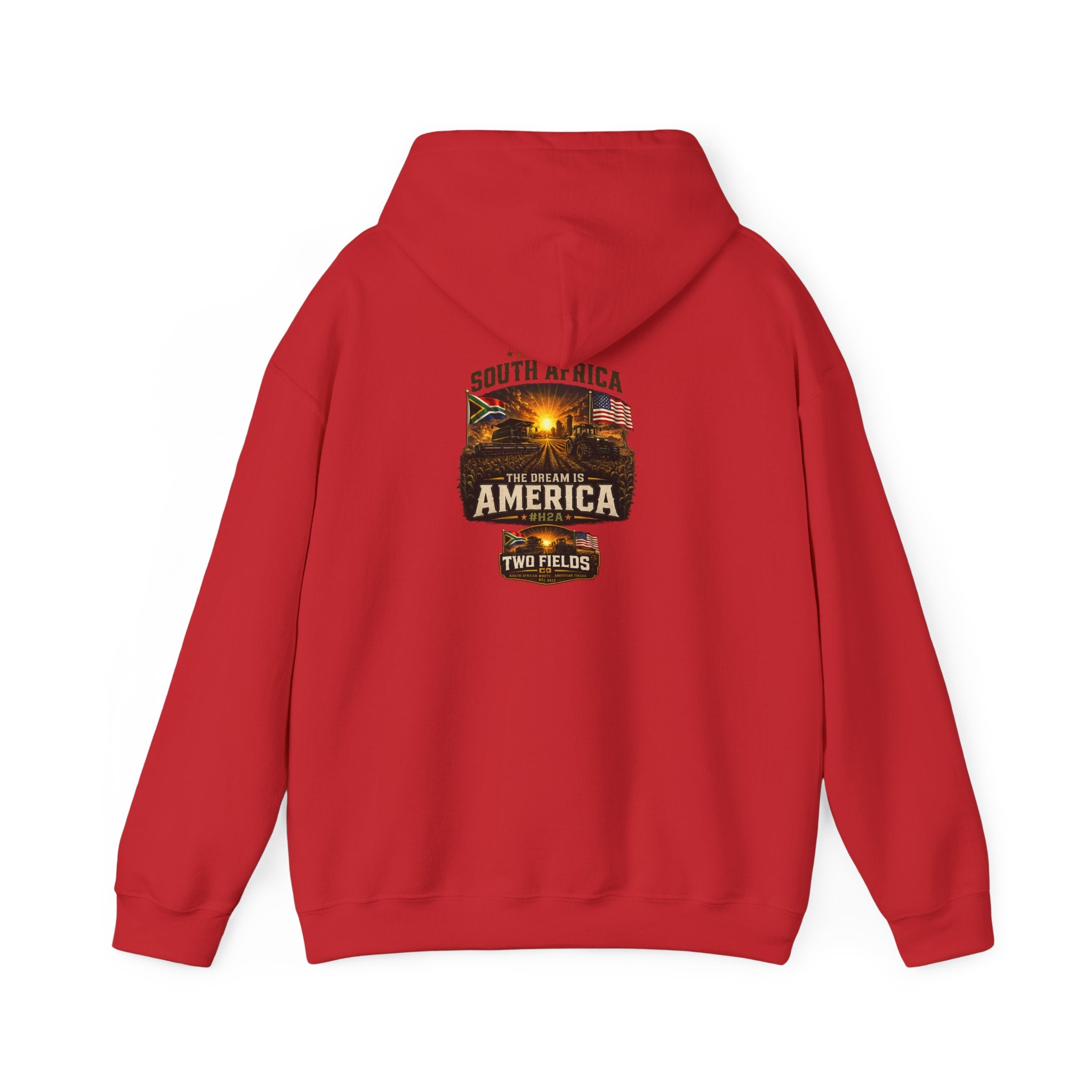Red pullover hoodie with 'South Africa America' vintage travel graphic centered on back