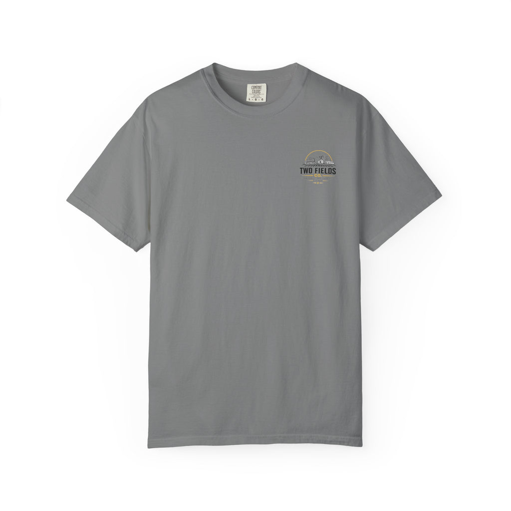 Grey crew-neck t-shirt with small chest Two Fields Co. logo graphic
