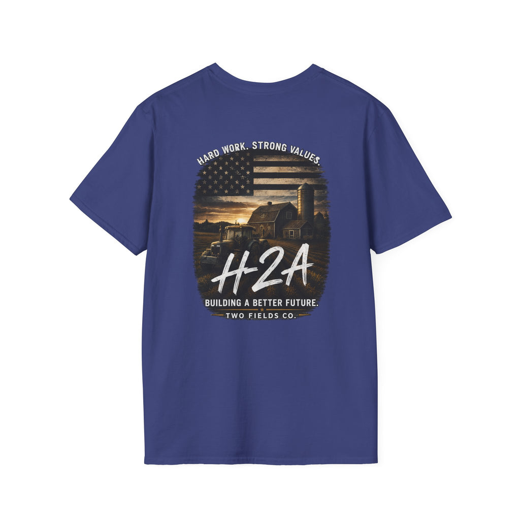 Unisex softstyle T-shirt in blue with large center truck graphic print