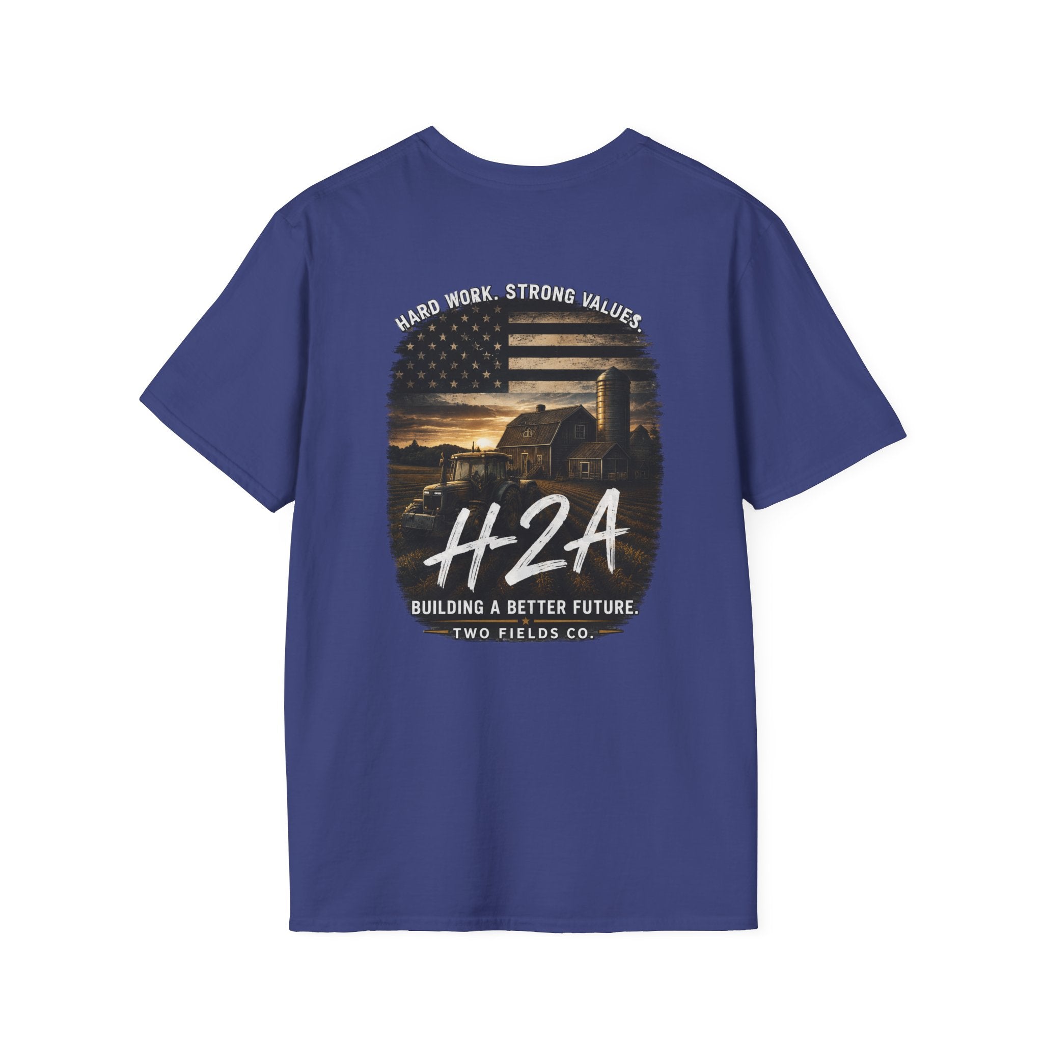 Unisex softstyle T-shirt in blue with large center truck graphic print