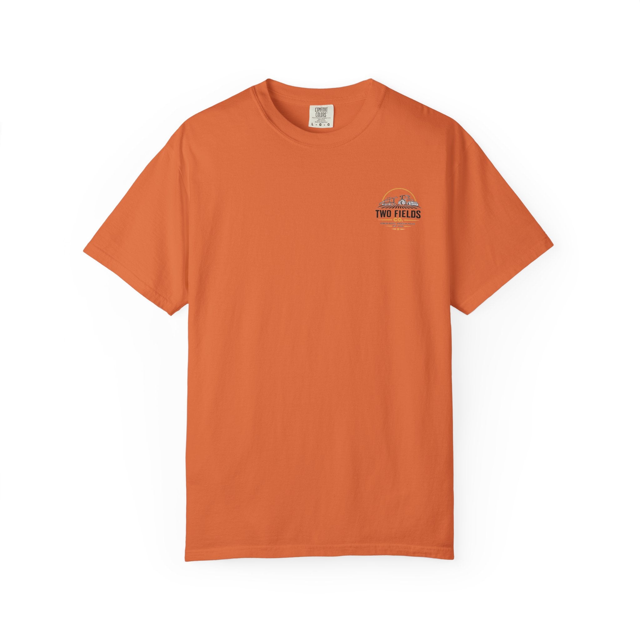 Terracotta orange T-shirt with small Two Fields chest logo on the front.