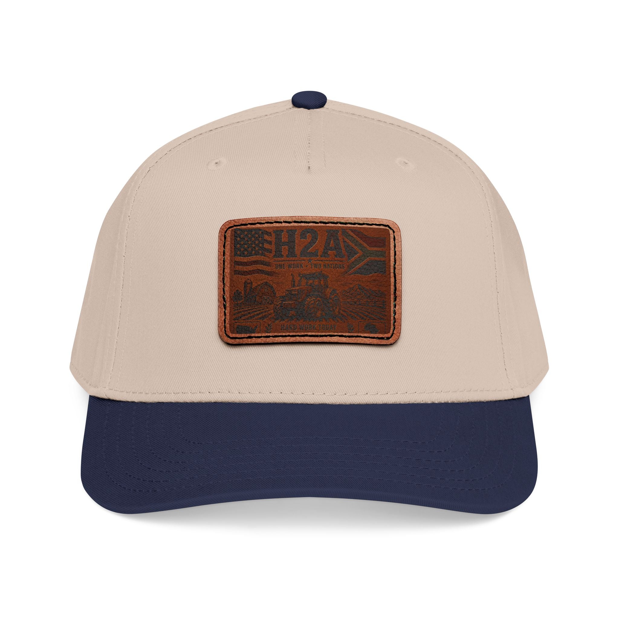 Leather patch baseball cap with rectangular H2A vintage truck patch; light beige crown, dark navy brim