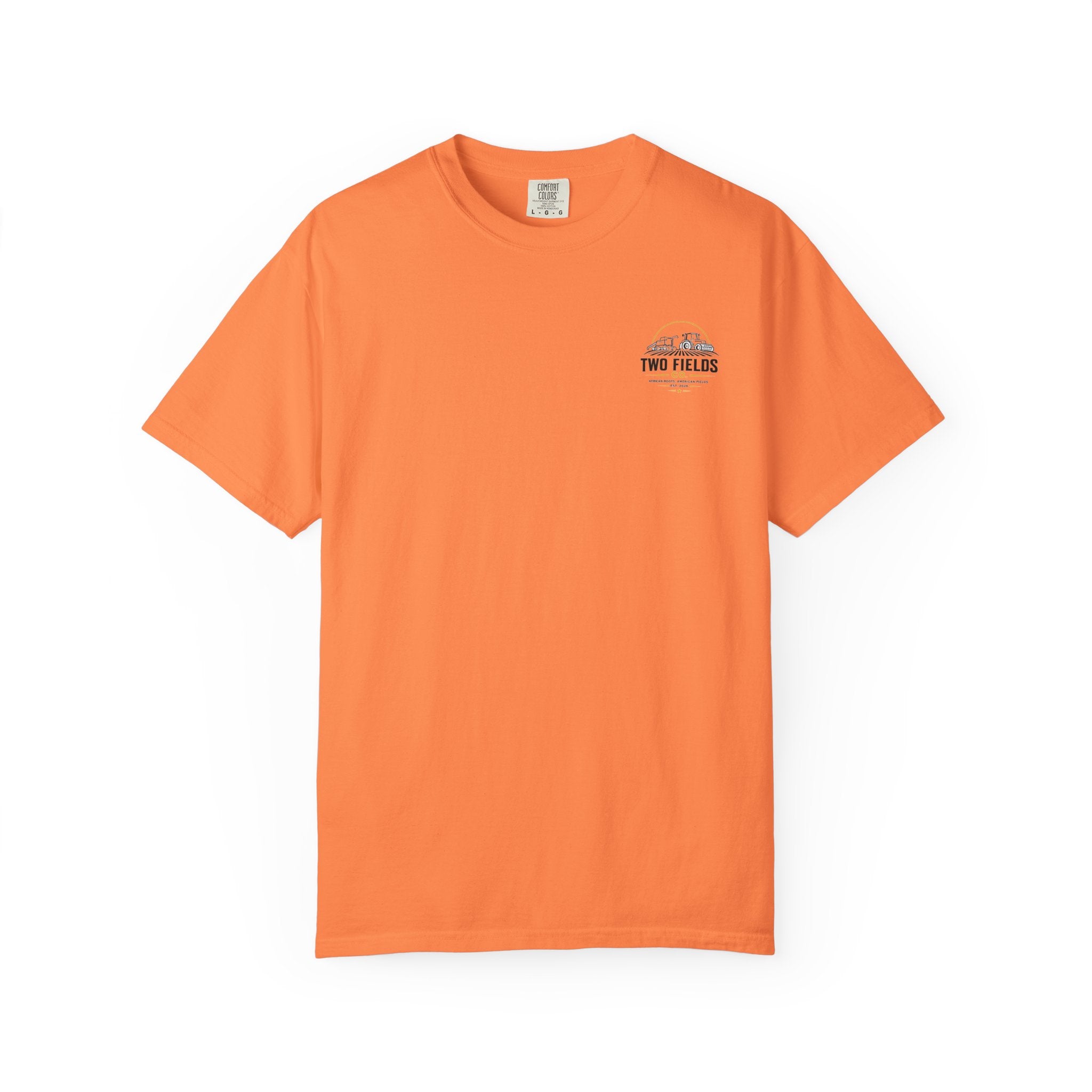 Orange T-shirt with small round "Two Fields" logo on the chest