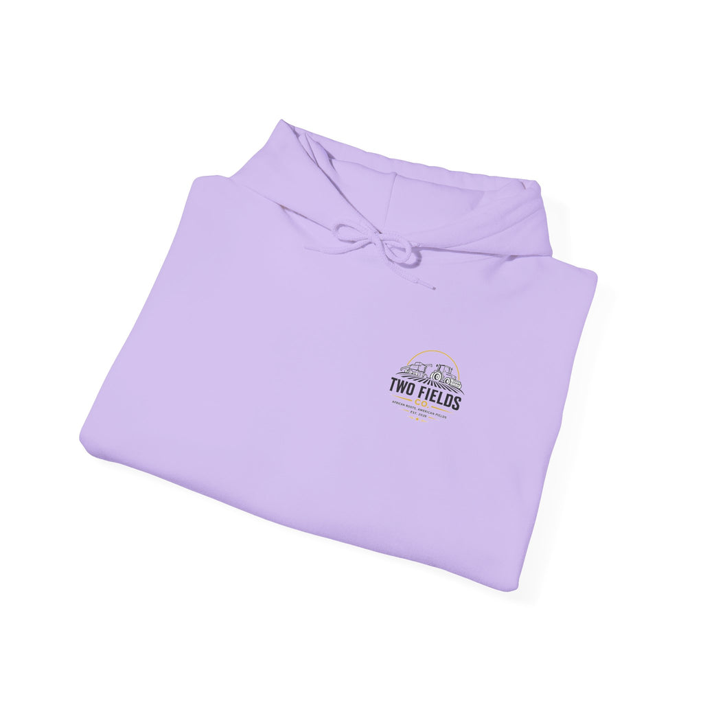 Light purple folded hoodie with drawstring hood and small chest logo embroidery