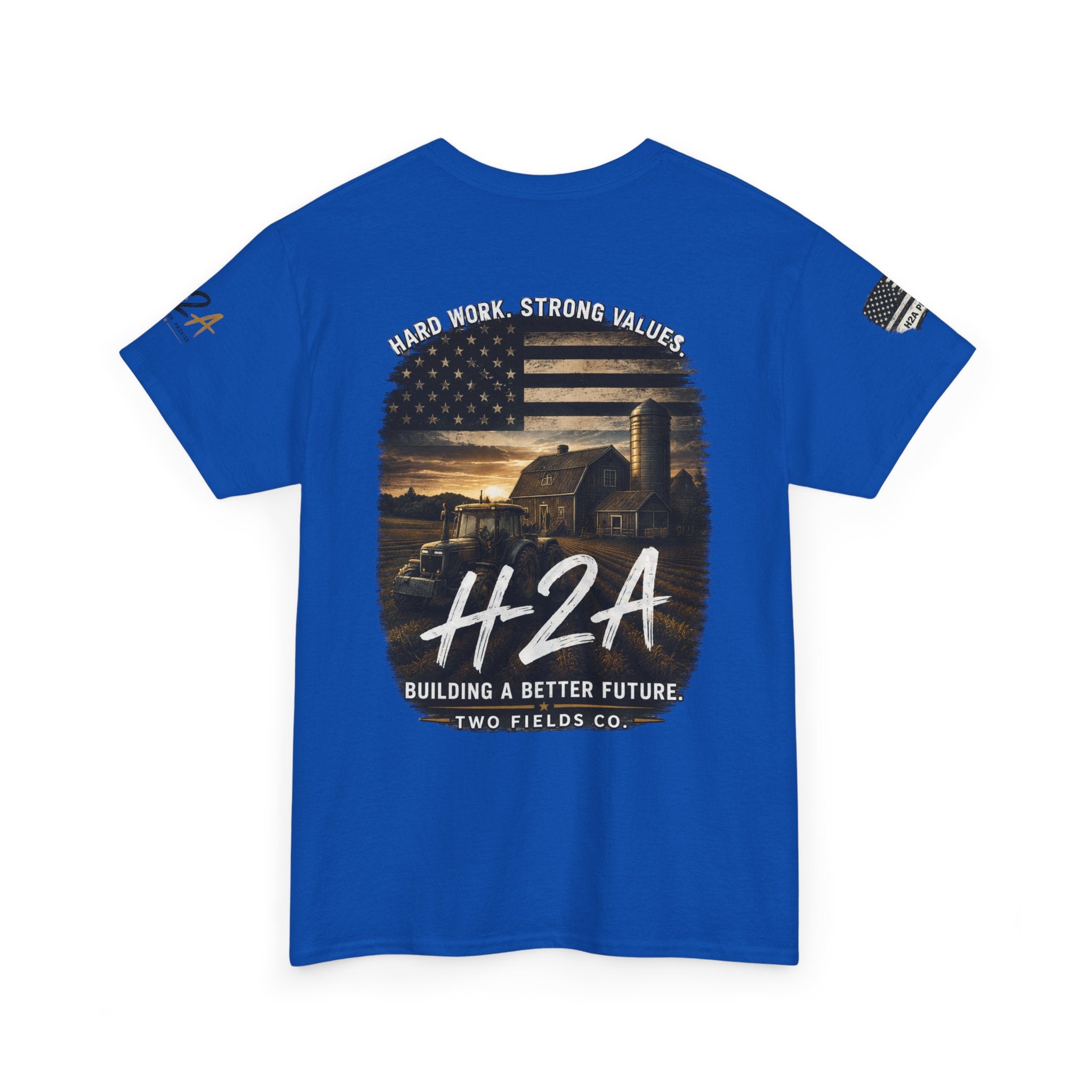 Blue farming T-shirt with front patriotic farm graphic and H2A text