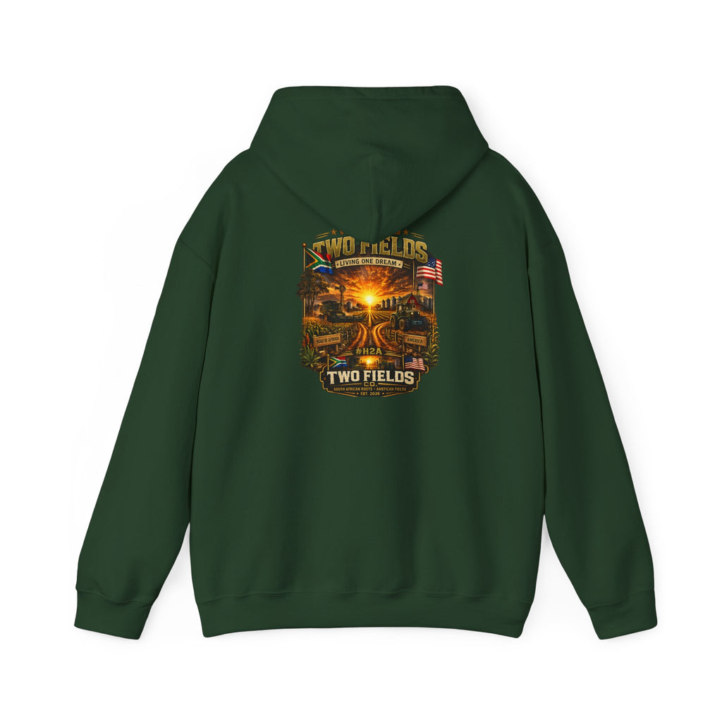 Forest green pullover hoodie with front chest sunset farm graphic