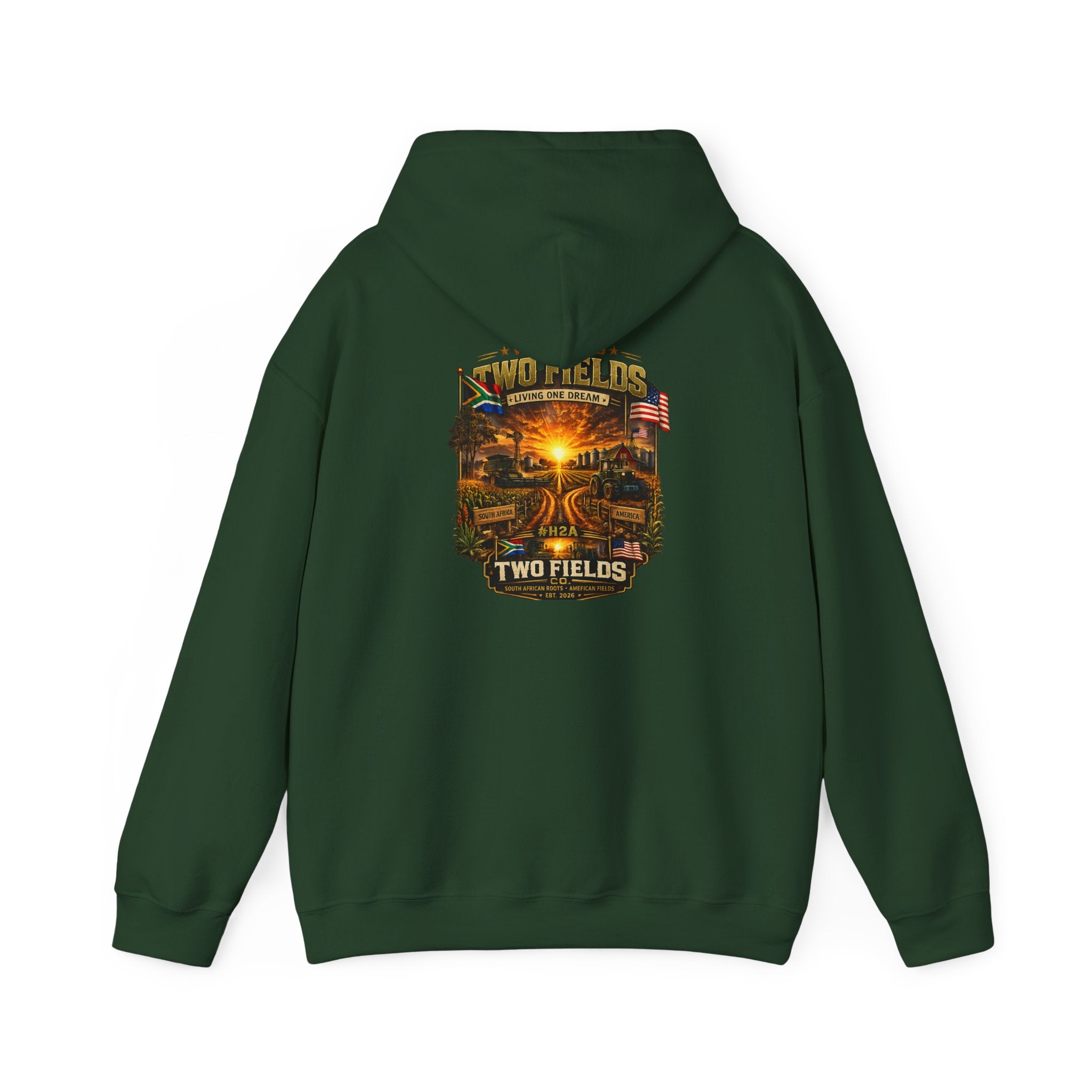 Forest green pullover hoodie with front chest sunset farm graphic