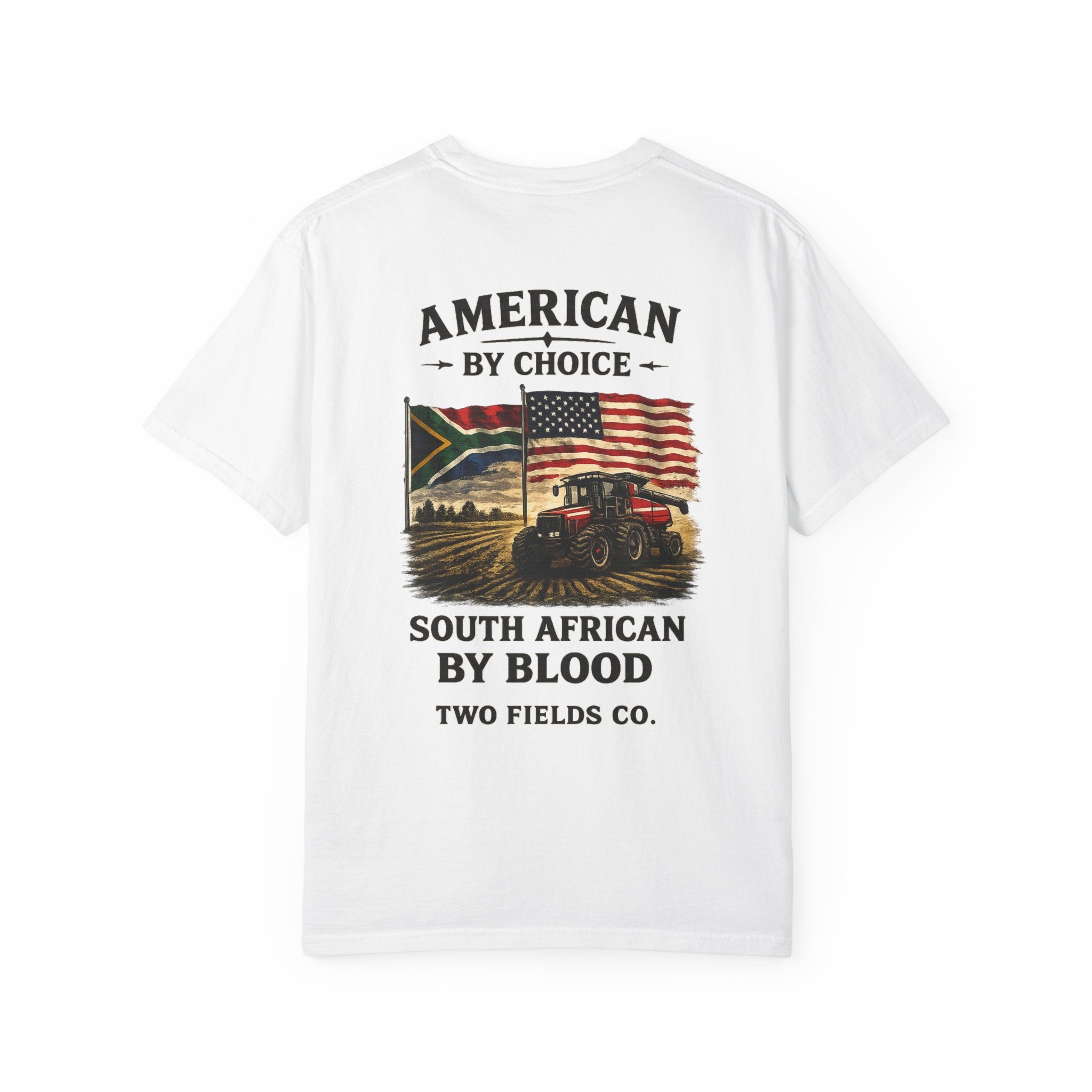 White crew-neck T-shirt with large back graphic: American by Choice text