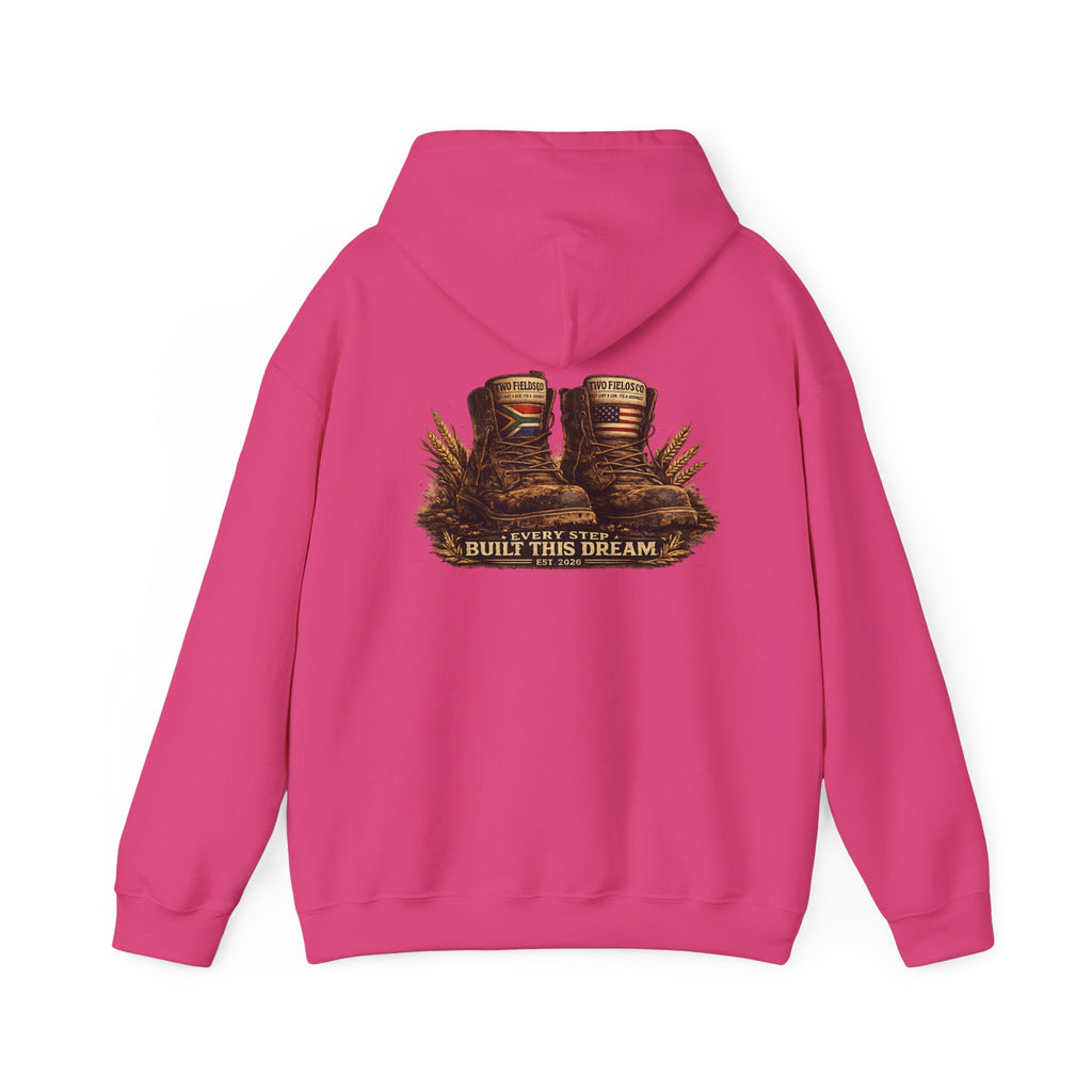 Magenta hoodie sweatshirt with boots graphic and 'BUILD THIS DREAM' print on back