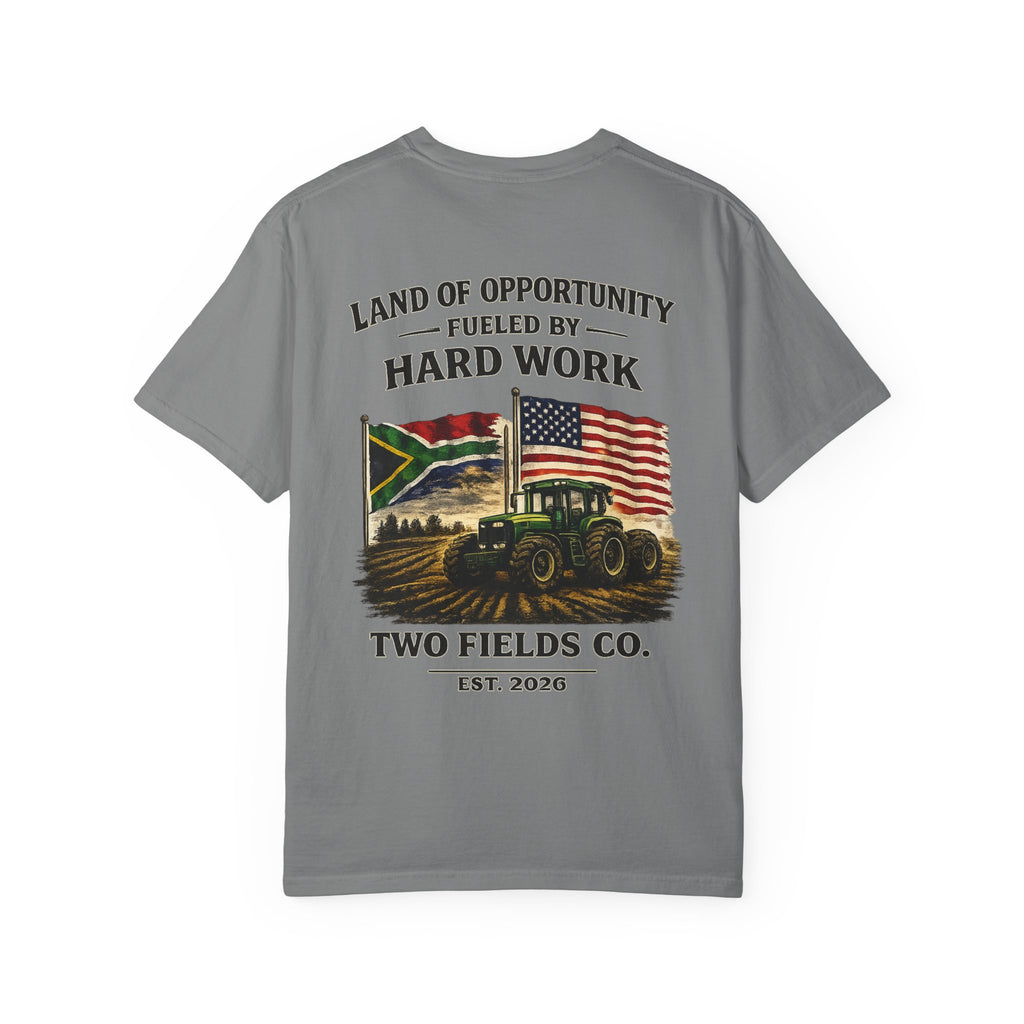 Charcoal crewneck tractor graphic t-shirt with flag, slogan, and “Two Fields Co.”