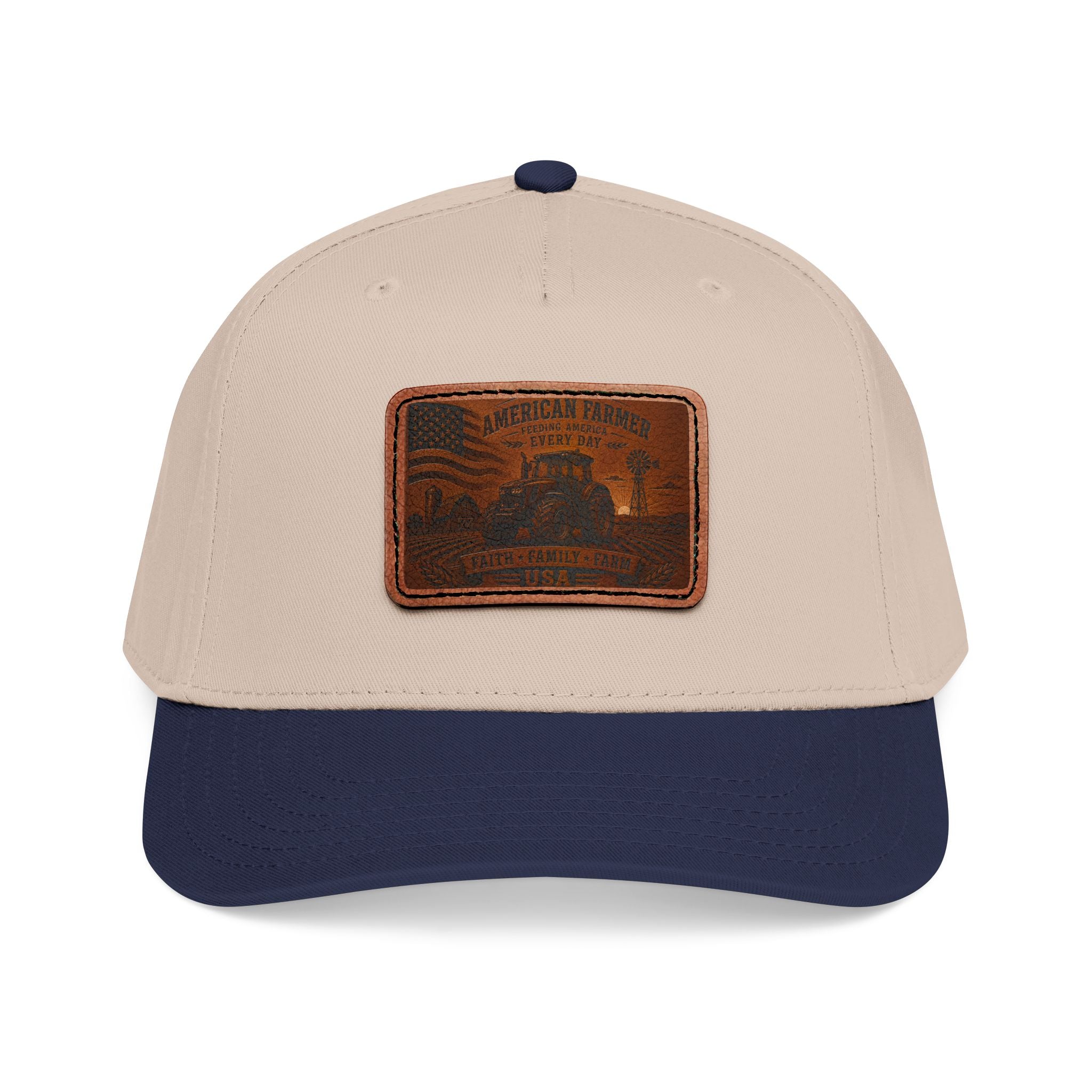 Two-tone baseball cap in light beige with navy brim and tan leather patch