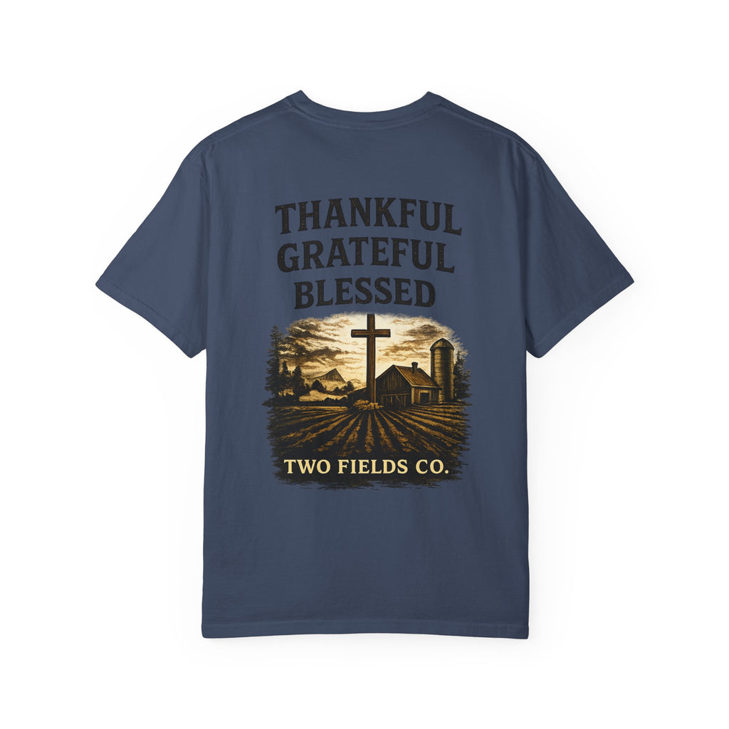 Navy crew-neck T-shirt with “THANKFUL GRATEFUL BLESSED” farm-cross graphic.
