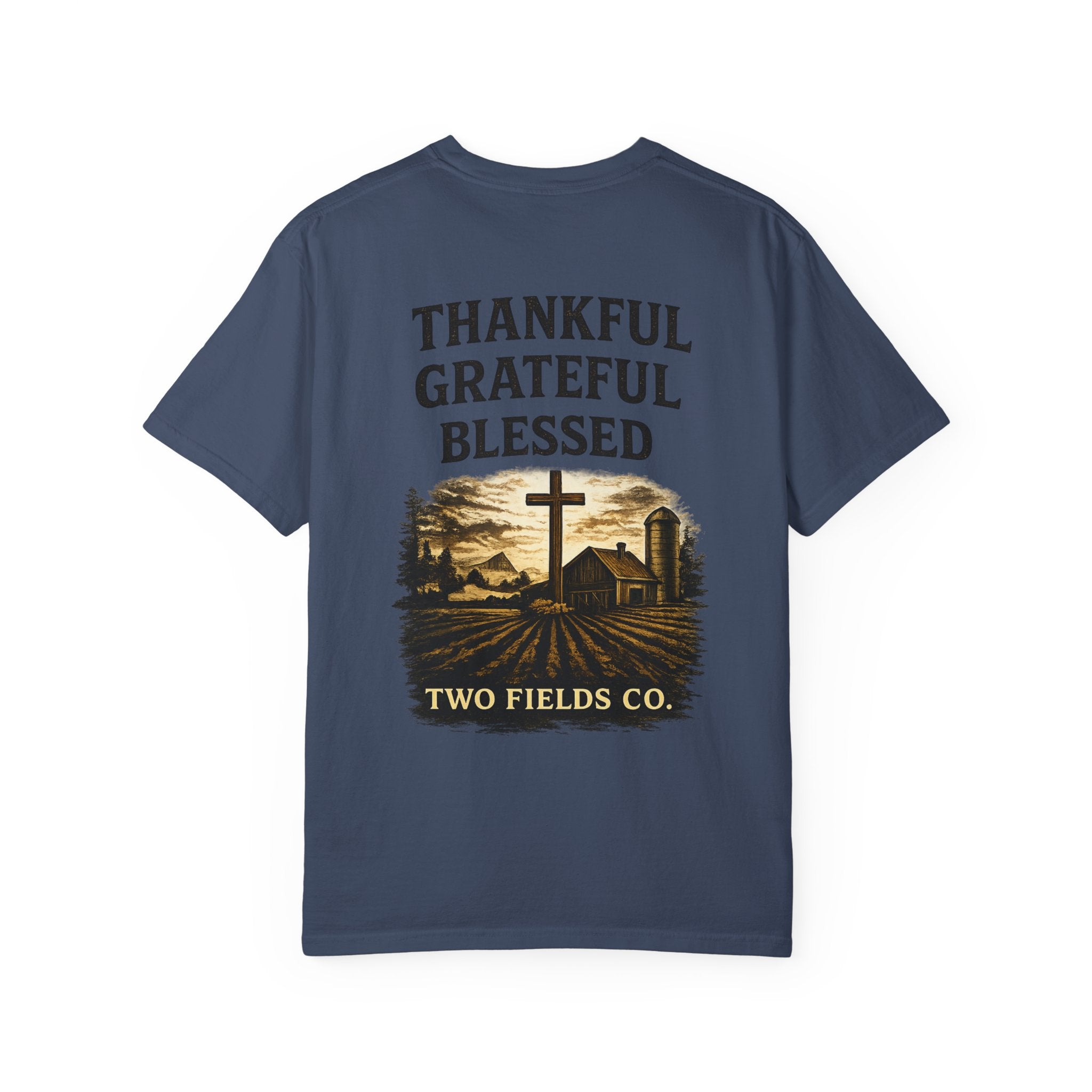 Navy crew-neck T-shirt with “THANKFUL GRATEFUL BLESSED” farm-cross graphic.