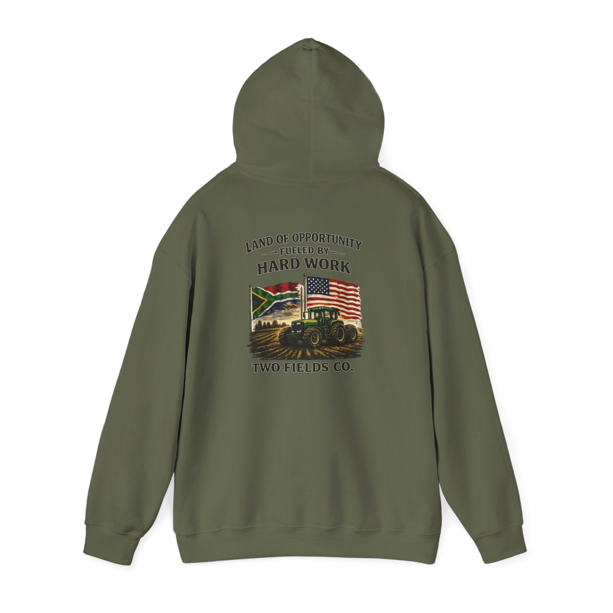 Two Fields Co. vintage tractor hoodie, olive green, back graphic print and logo