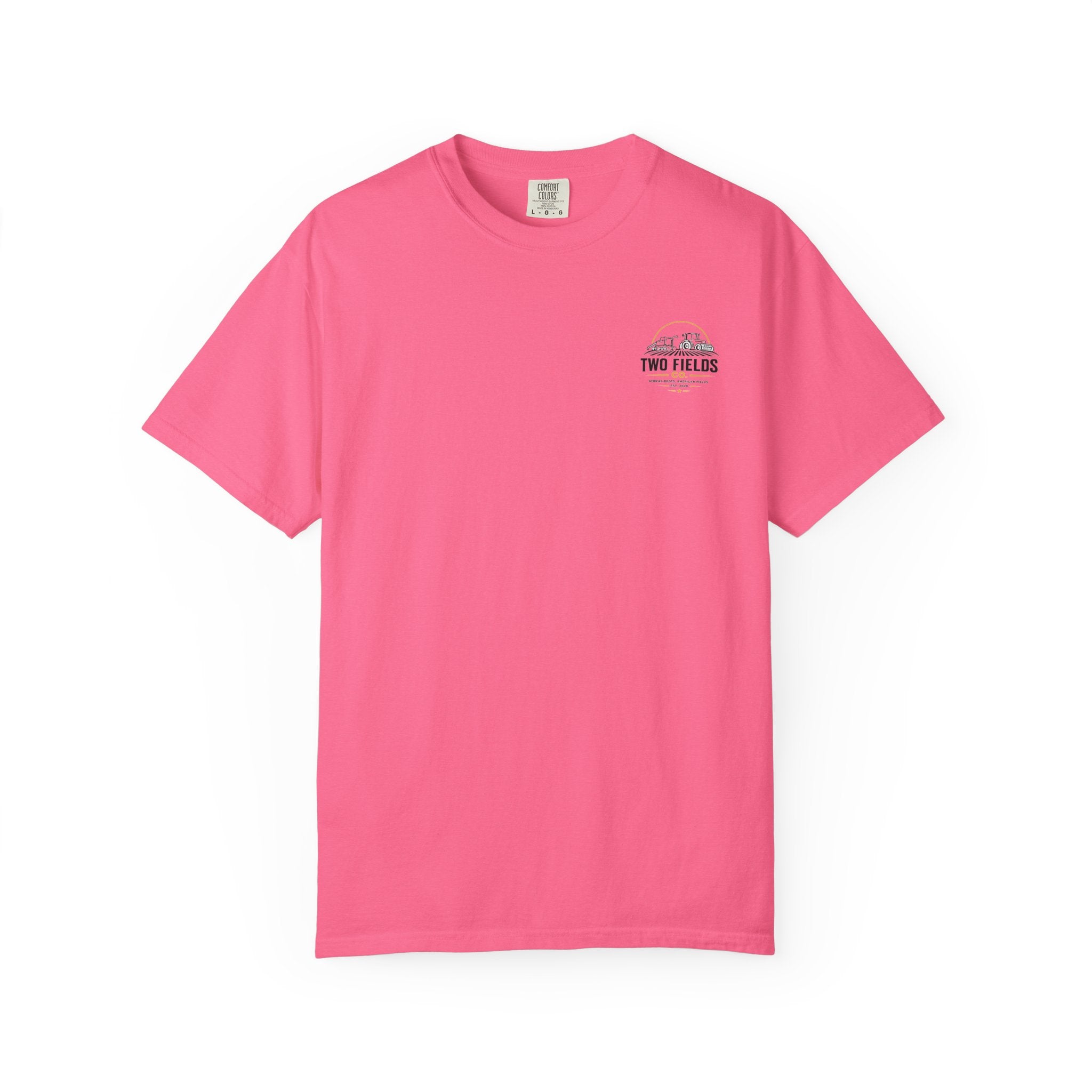 Bright pink crewneck T-shirt with small circular Two Fields logo on the chest
