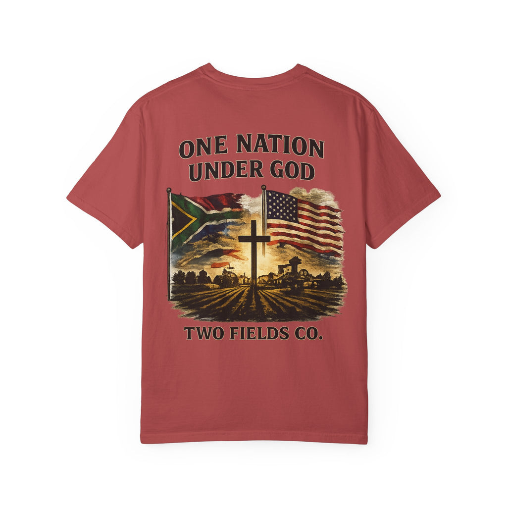 Red short-sleeve T-shirt with patriotic front graphic and text