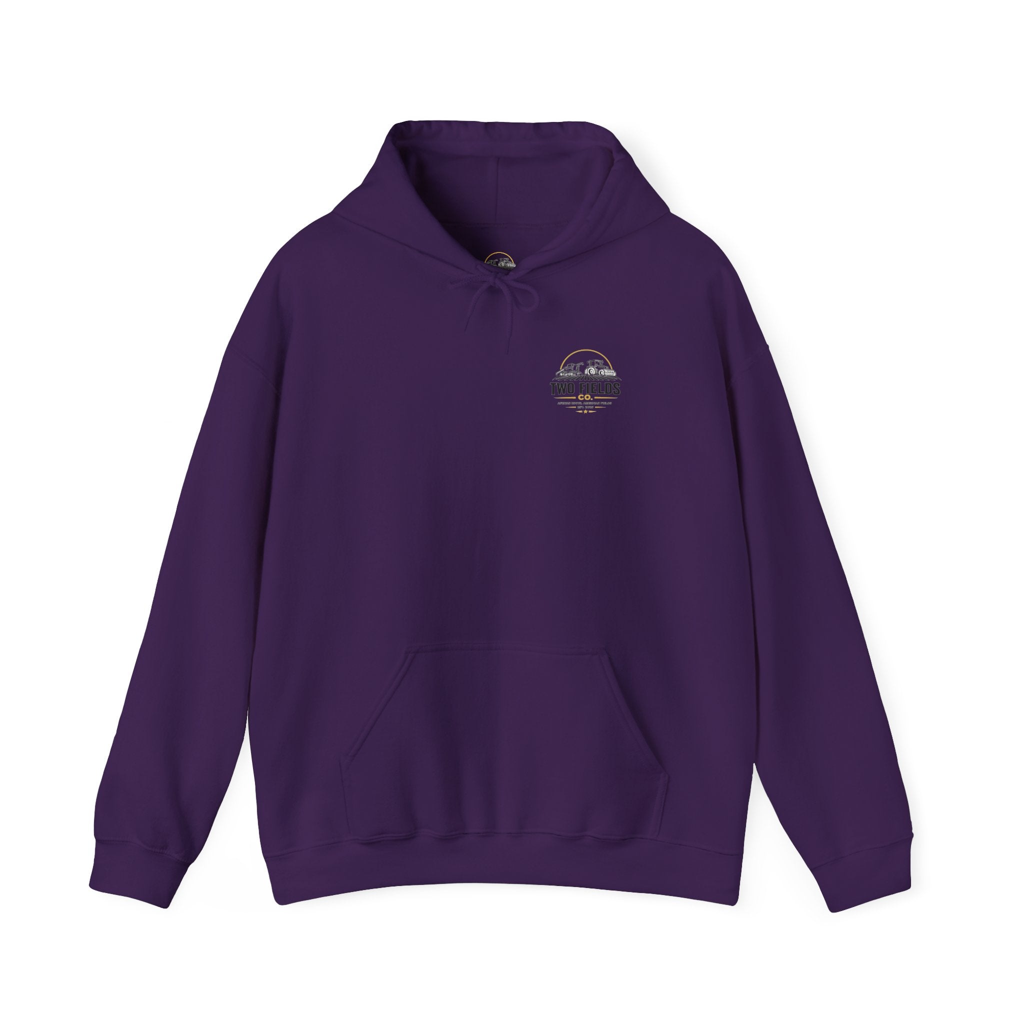 Purple pullover hoodie with front kangaroo pocket and small chest graphic logo