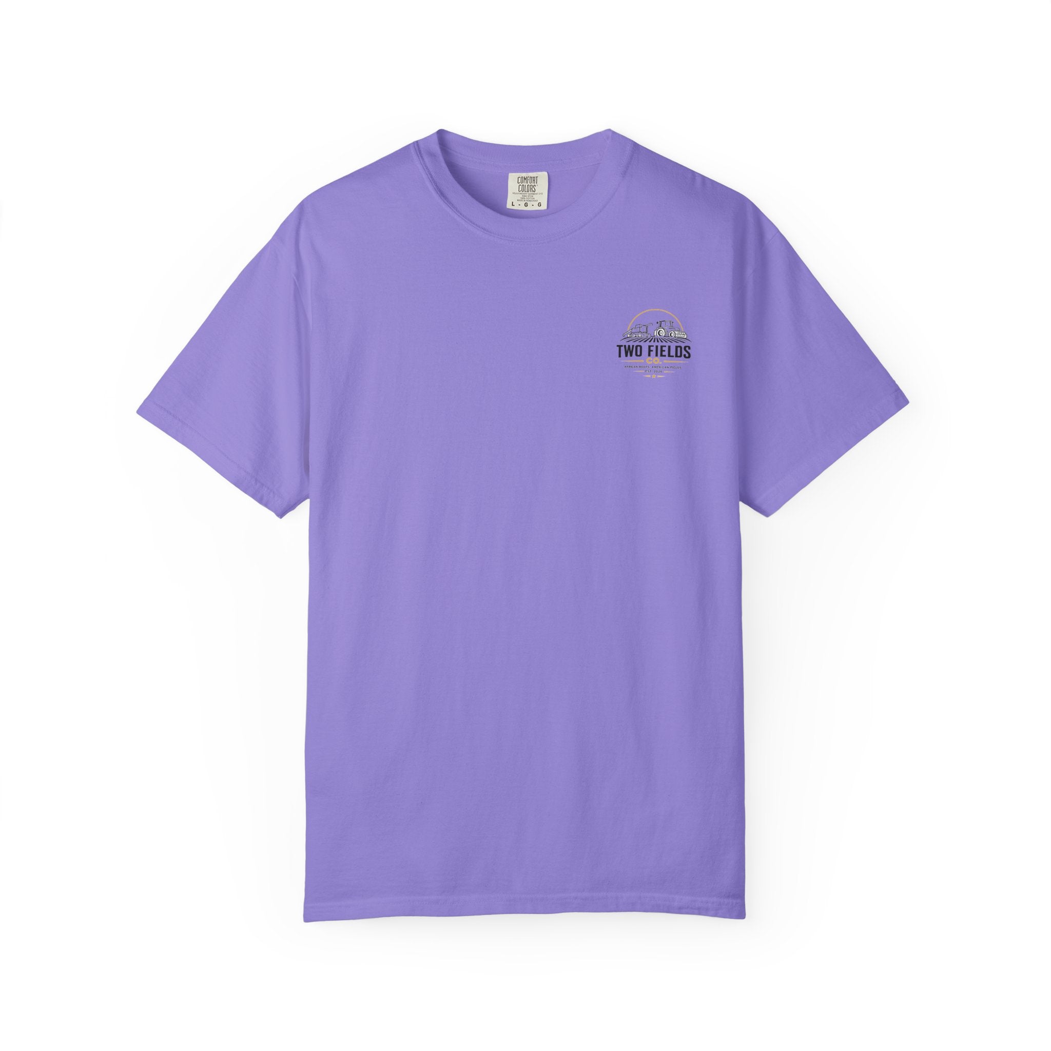 Lavender crewneck T-shirt with small circular Two Fields logo on the chest