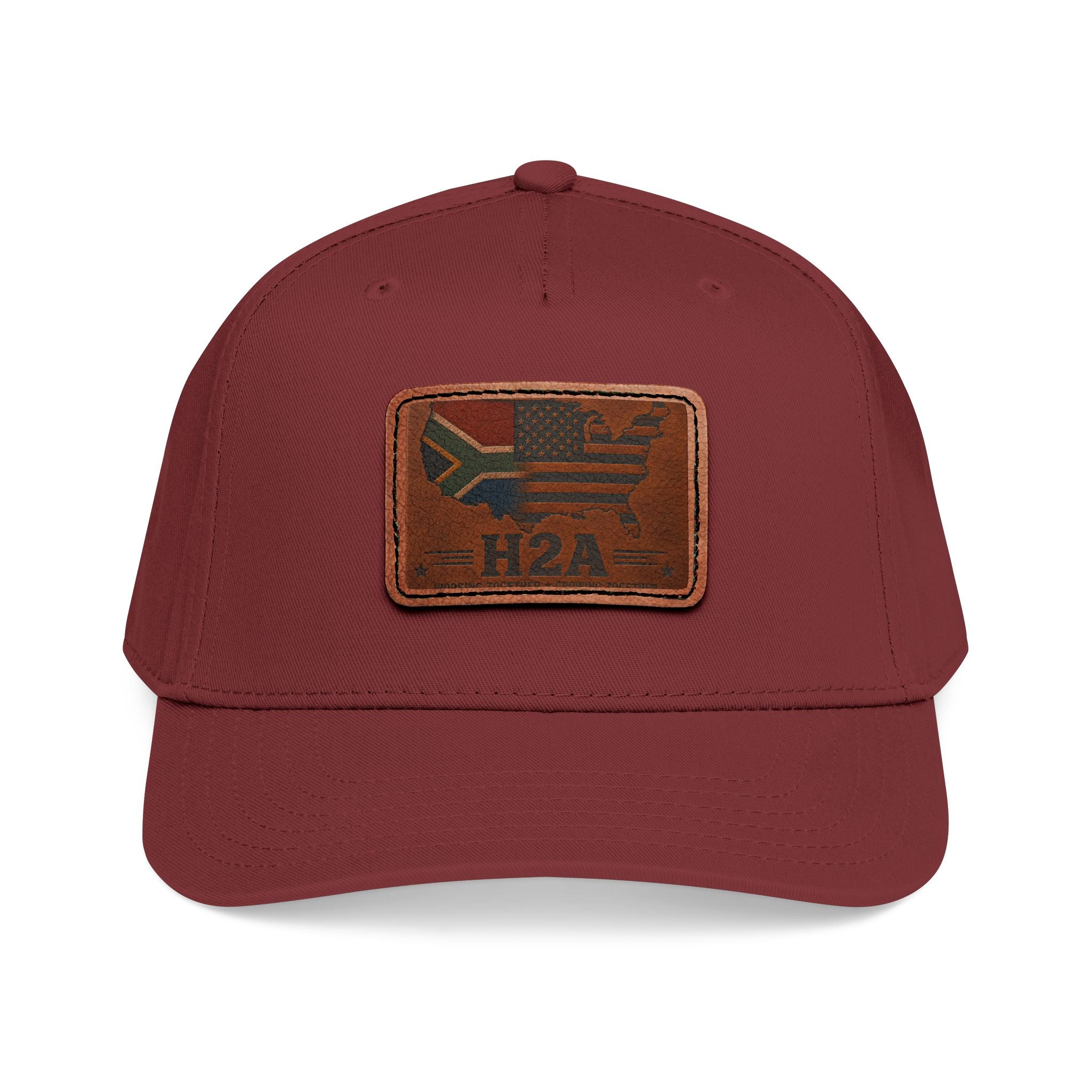 Maroon leather patch baseball cap with rectangular H2A flag patch on front