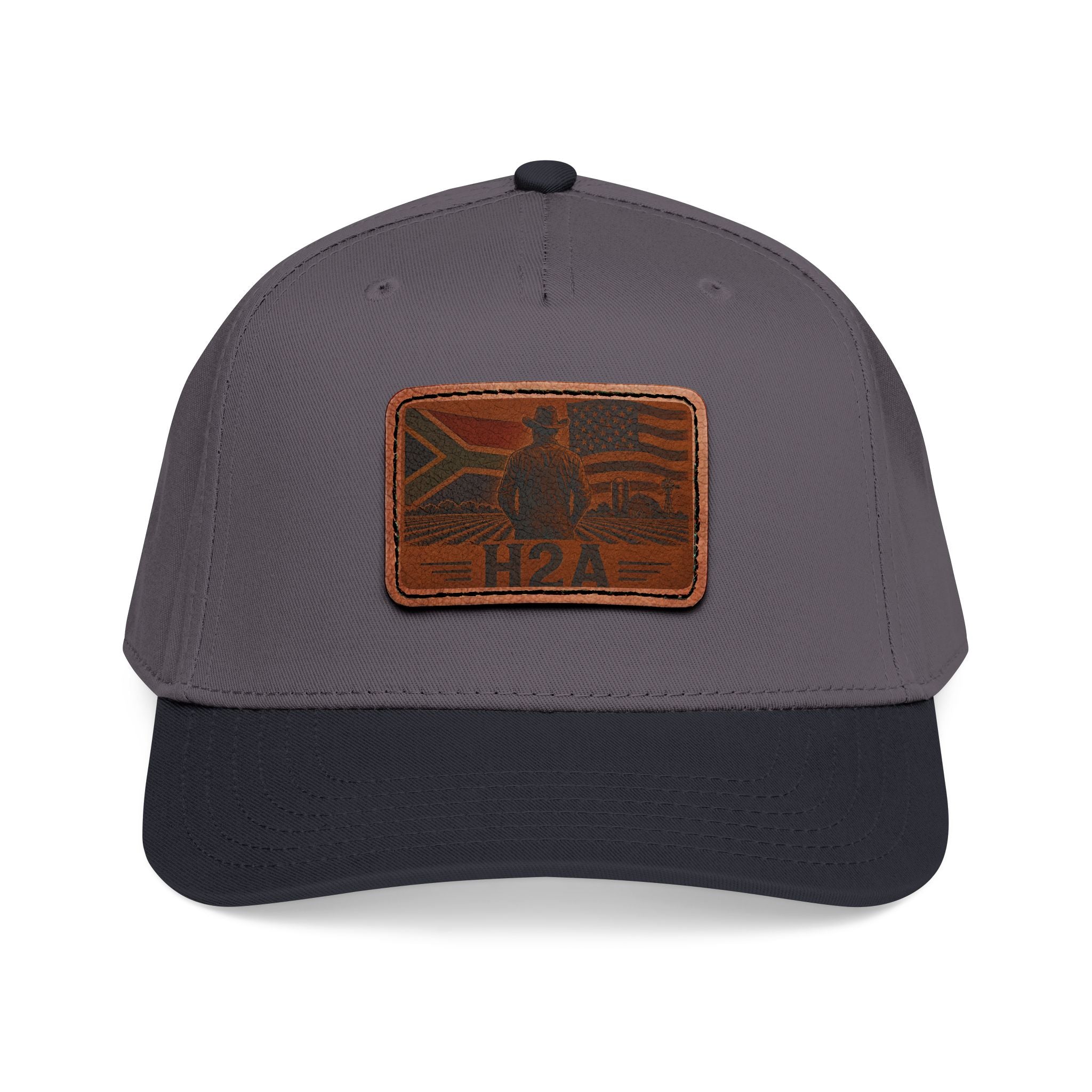Two-tone baseball cap with leather-look H2A flag patch: charcoal top and dark navy brim.