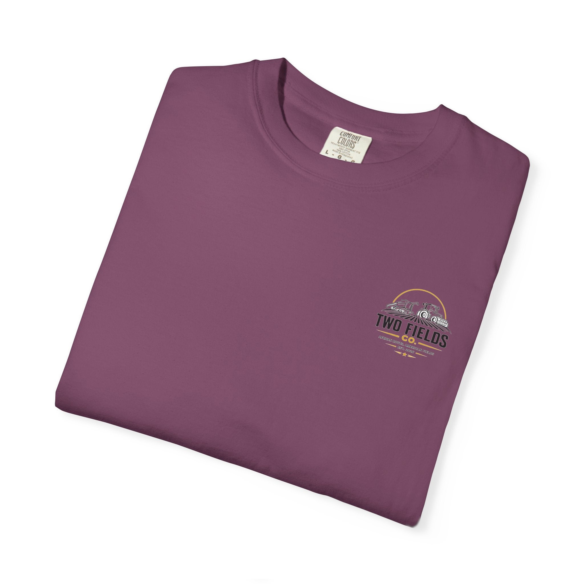 Plum T-shirt, folded, with small Two Fields logo on left chest