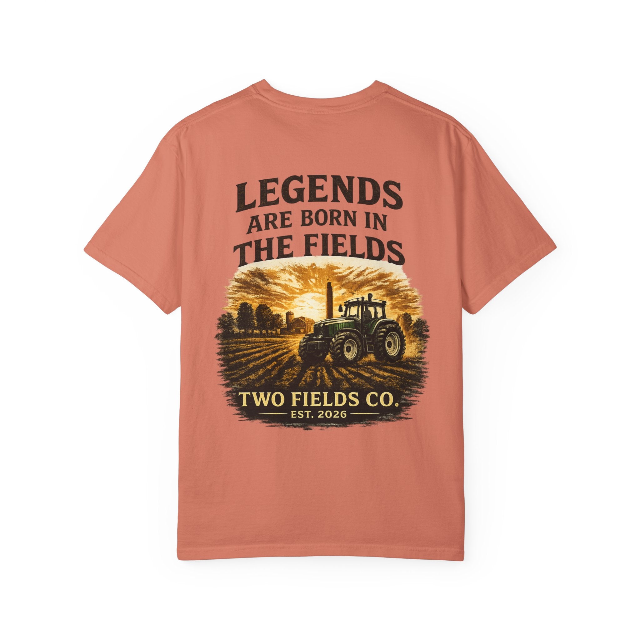 Burnt orange t-shirt with large vintage field quote and tractor graphic on front
