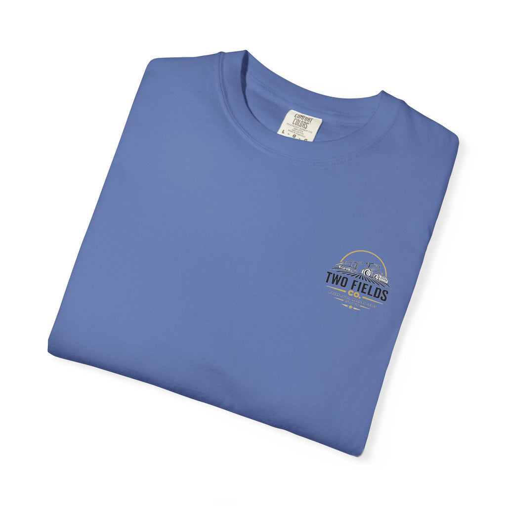 Blue crew-neck T-shirt with small Two Fields Co logo at left chest.