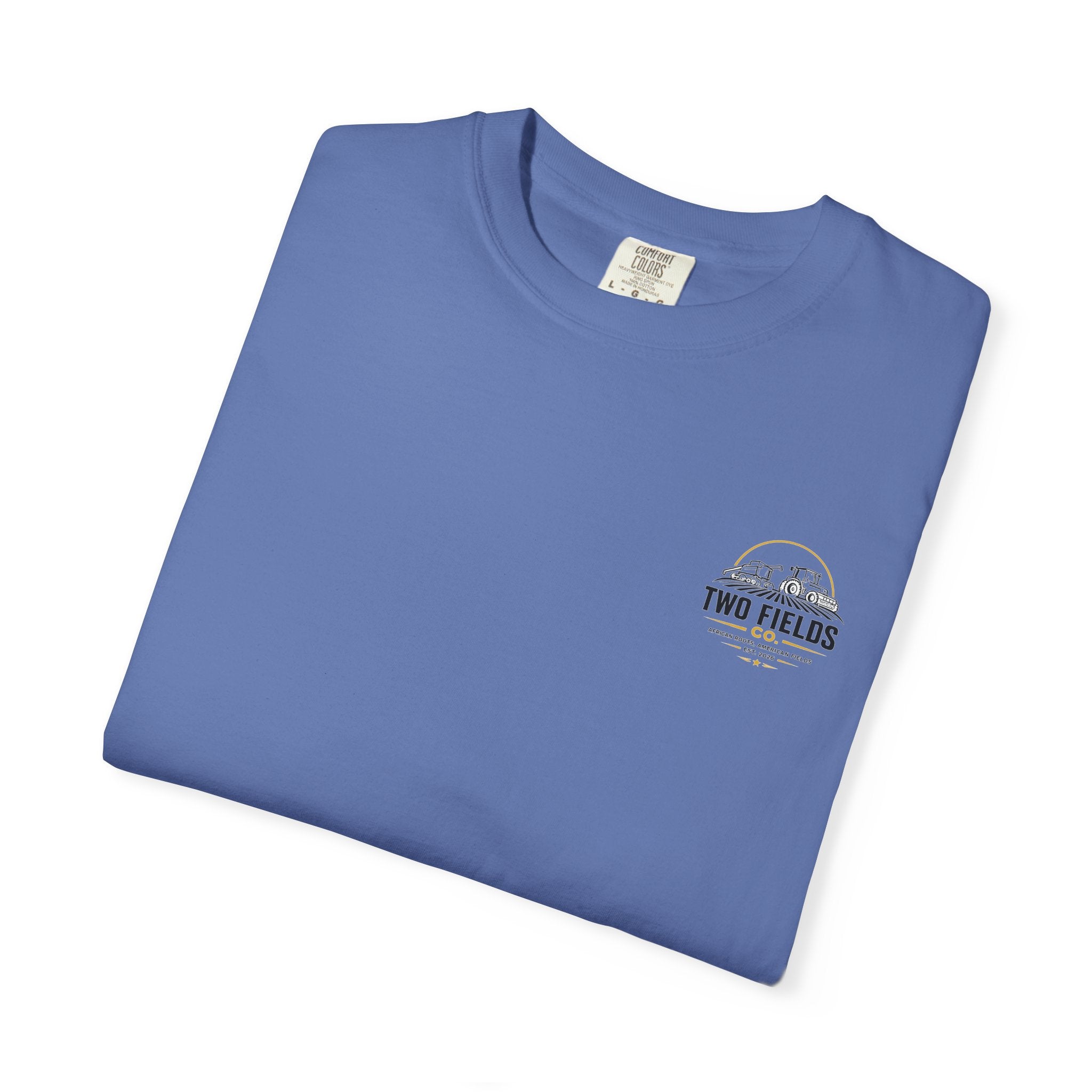 Blue crew-neck T-shirt with small Two Fields Co logo at left chest.