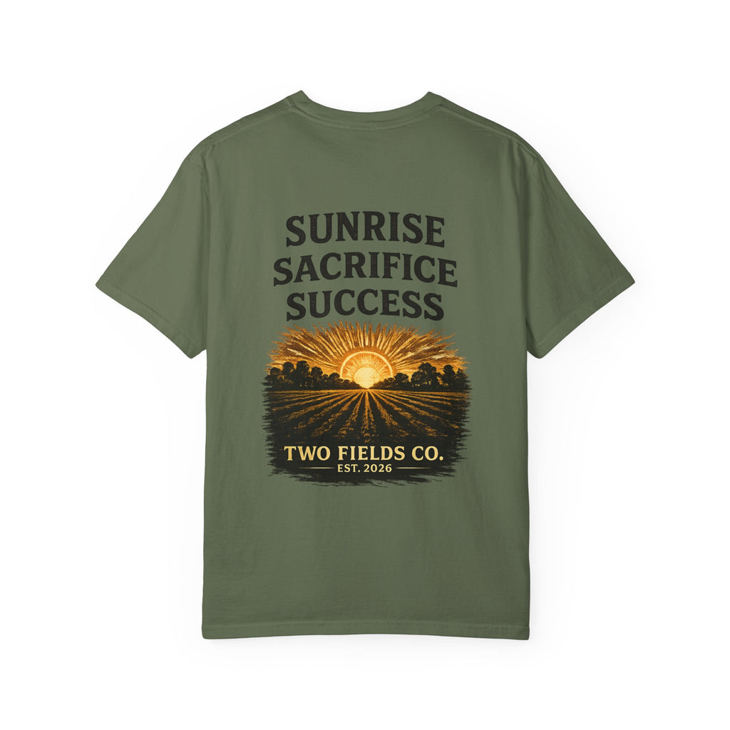 Green crewneck graphic T-shirt with “Sunrise Sacrifice Success” and sunrise scene.