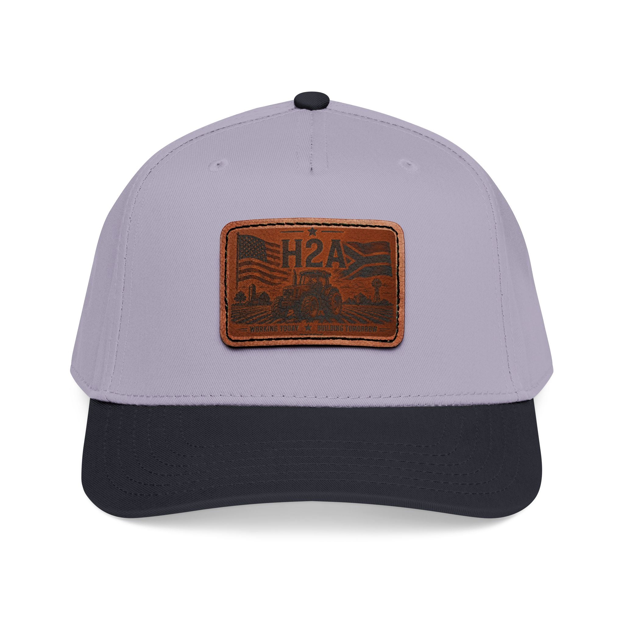Two-tone baseball cap with rectangle H2A leather patch; light gray crown and dark brim.