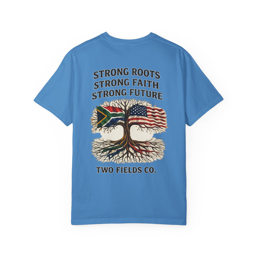 Blue graphic T-shirt with text and twin trees graphic on the front