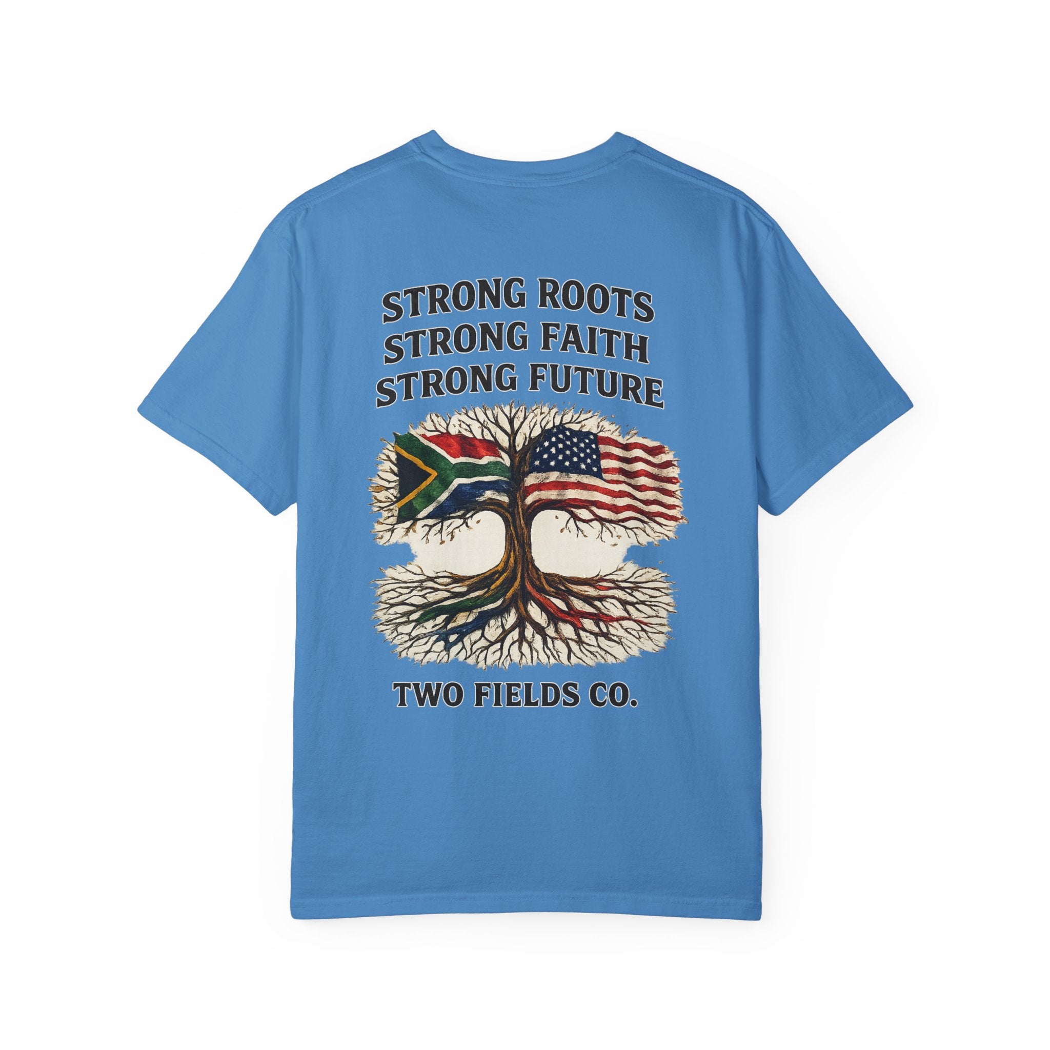 Blue graphic T-shirt with text and twin trees graphic on the front