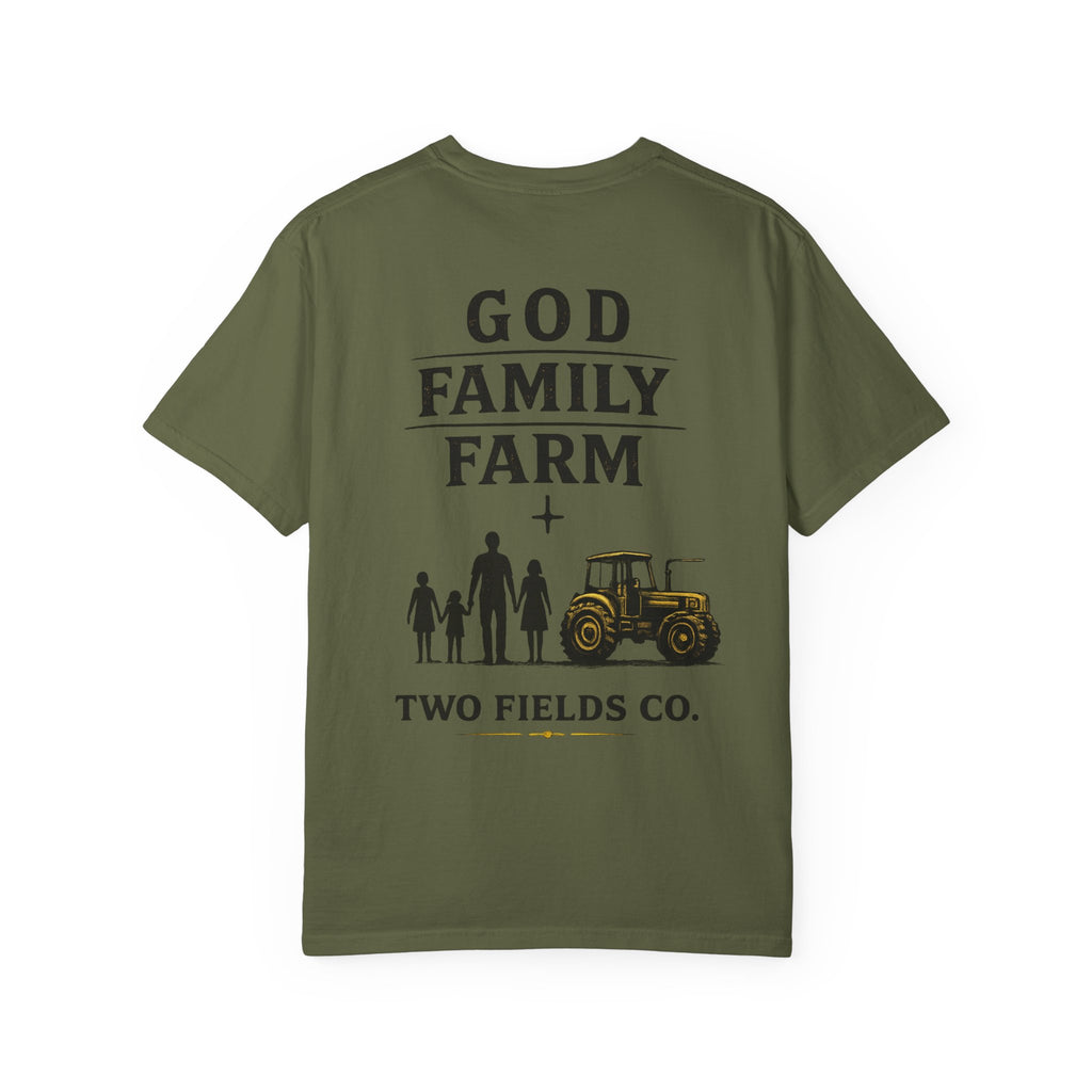 Olive T-shirt with “GOD FAMILY FARM” text and tractor graphic
