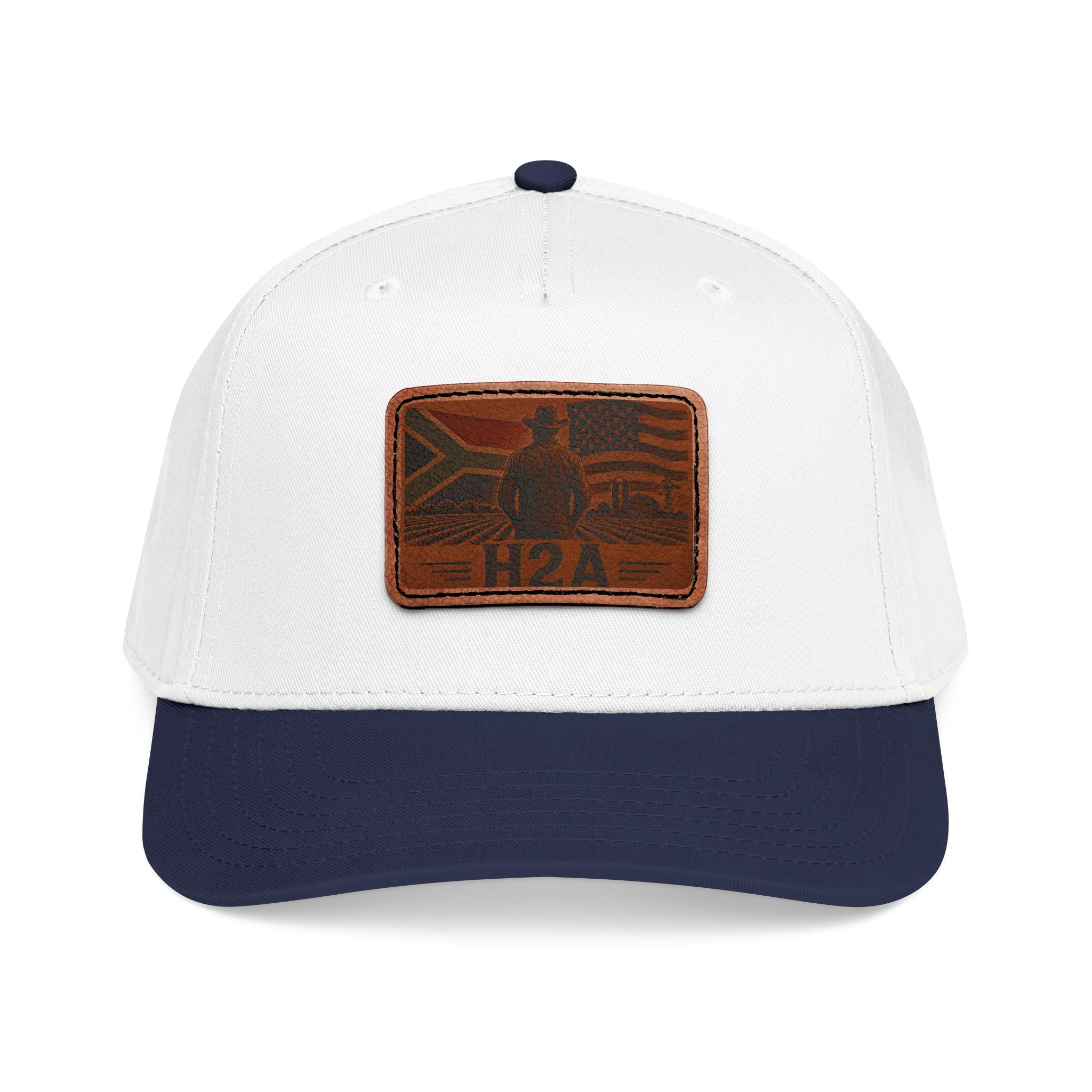 Baseball cap featuring a leather-look H2A flag patch on white with navy brim.