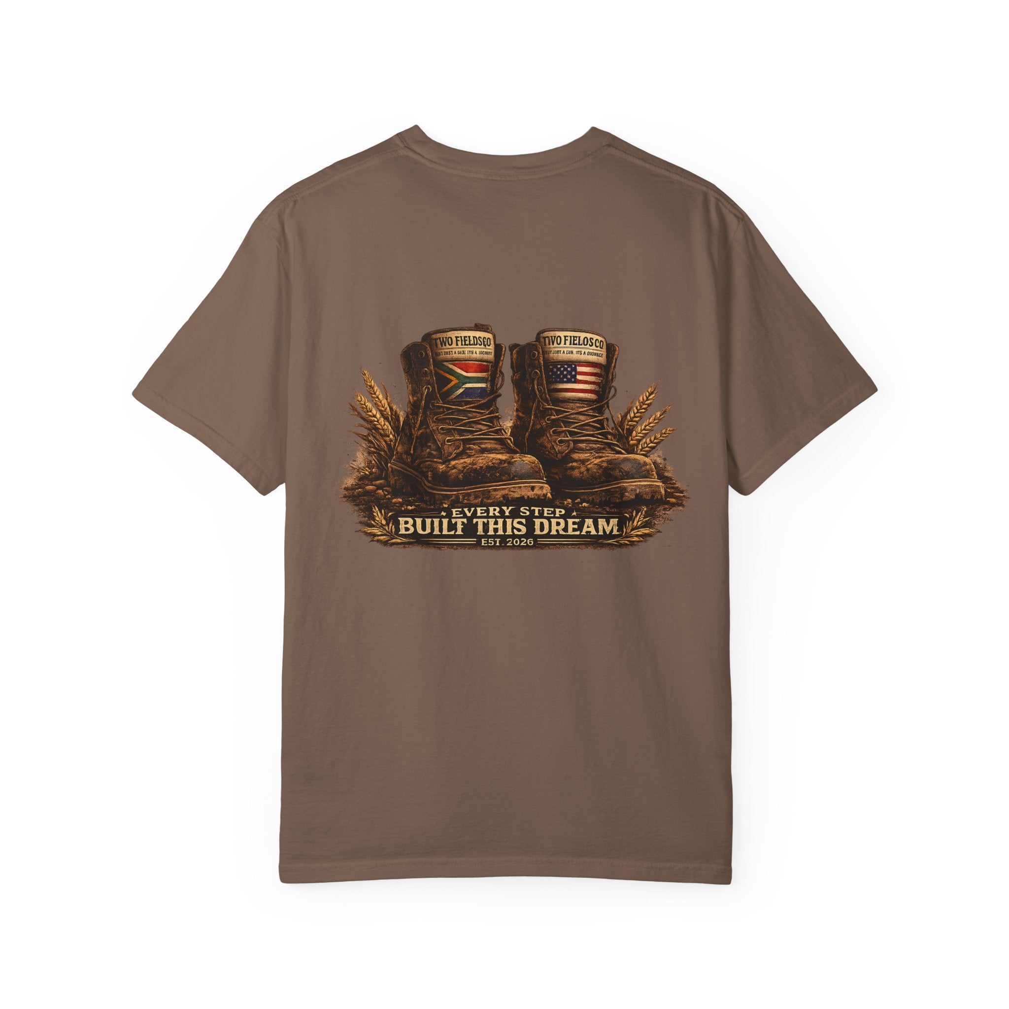 Brown crew-neck T-shirt with boots graphic and “Every Step Built This Dream” text