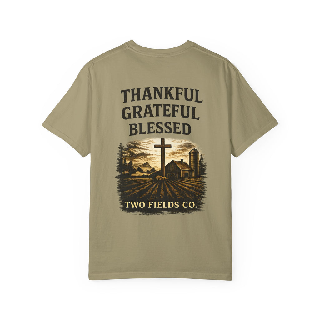 Olive crew-neck T-shirt with “Thankful Grateful Blessed” farm cross front graphic