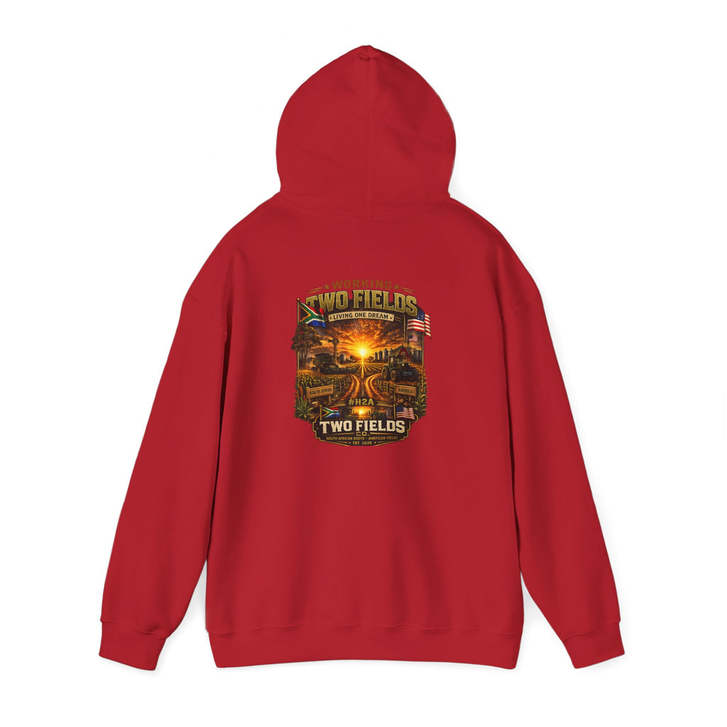 Red Two Fields hoodie with hood up and center back scenic logo