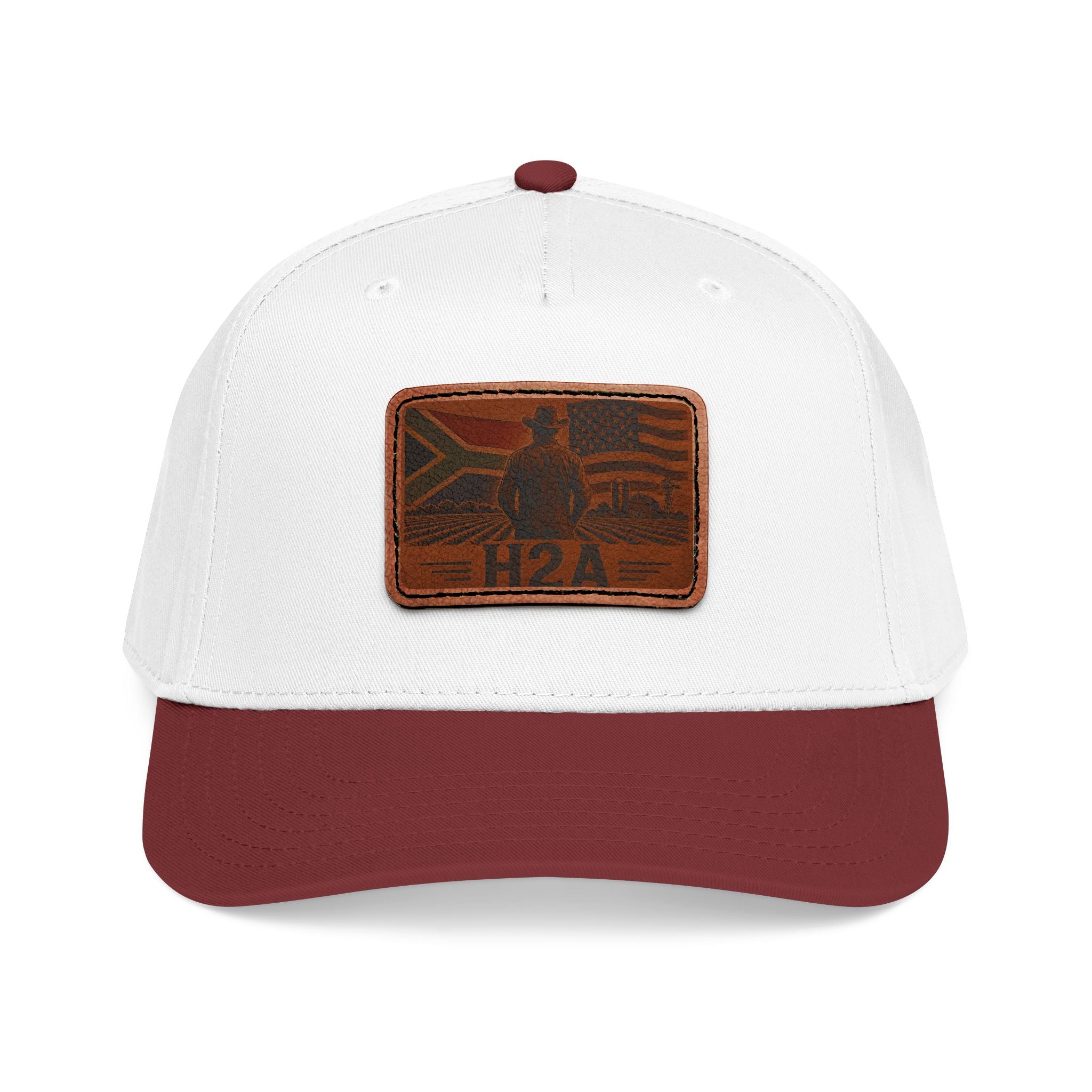 Baseball cap with leather-look H2A flag patch, white crown and burgundy brim.