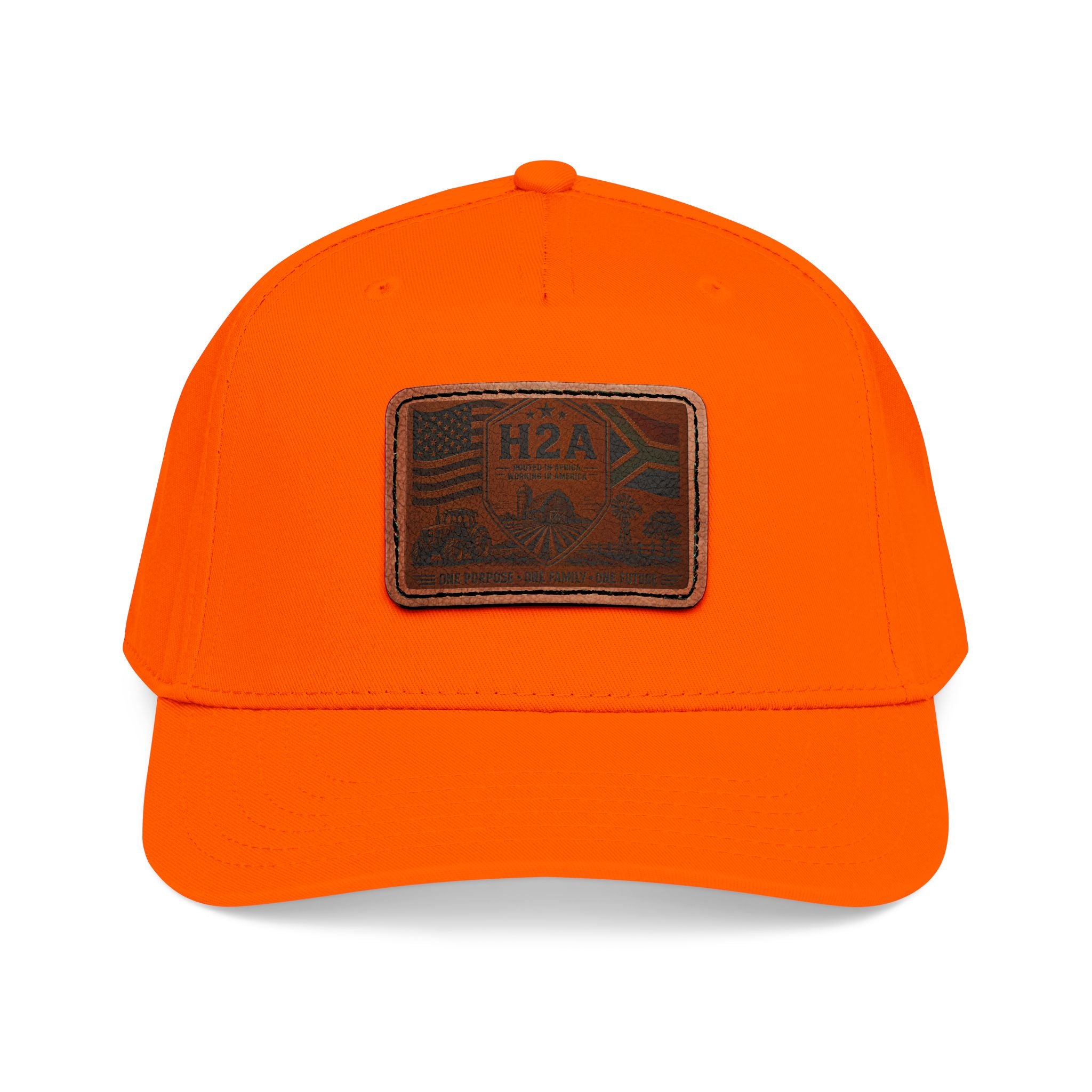 Bright orange leather patch baseball cap with rectangular H2A flag design