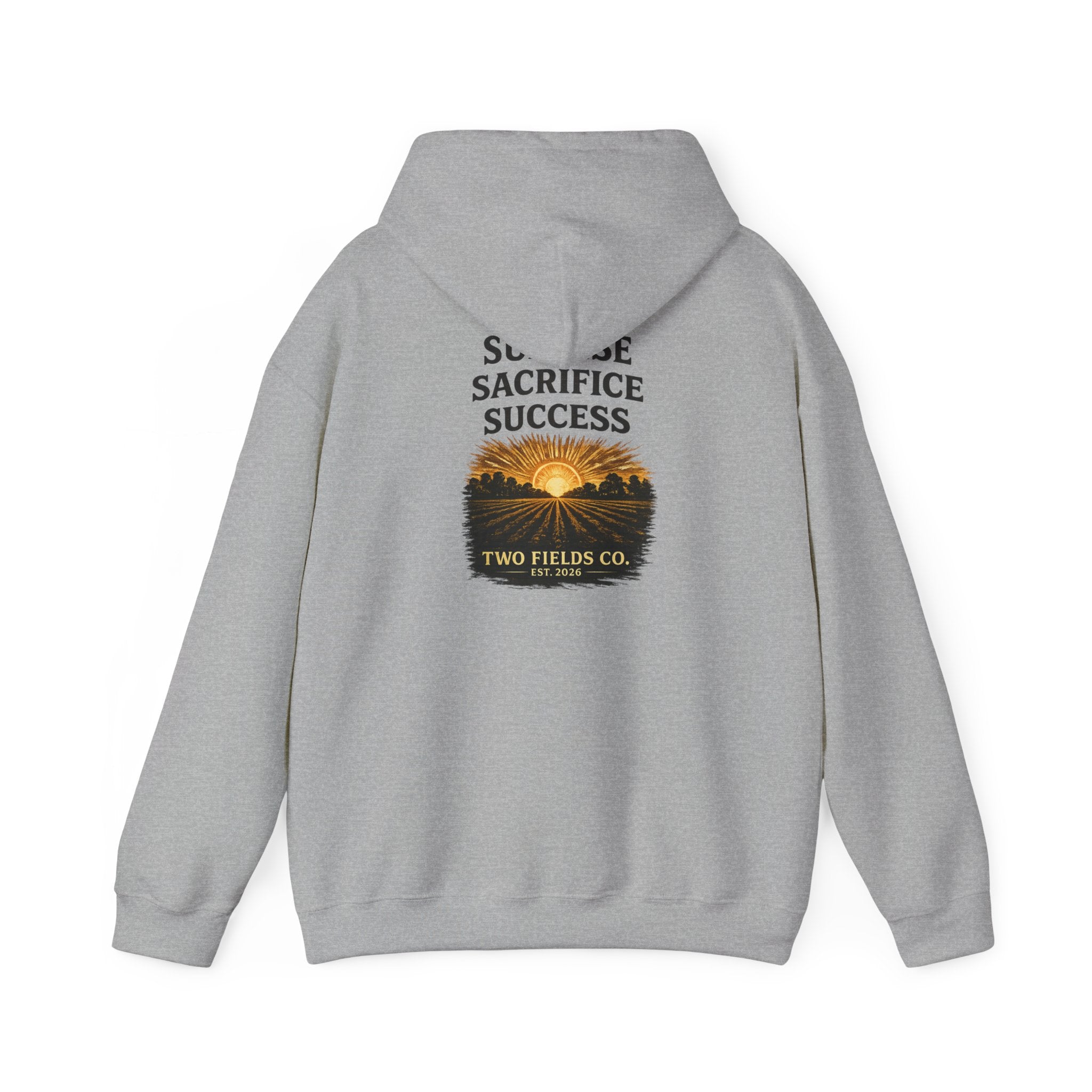 Heather gray hooded sweatshirt with back graphic text “SACRIFICE SUCCESS”